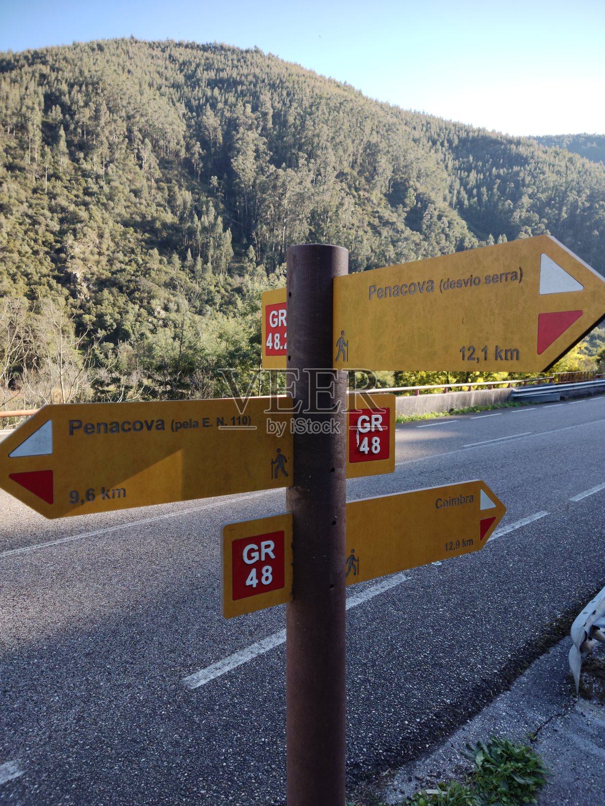 这张图片展示了一根登山步道指示牌,背景是森林覆盖的山丘。照片摄影图片