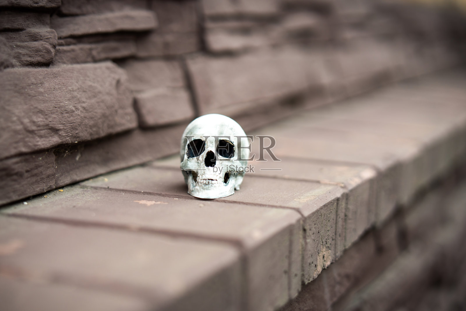 人类头骨 resting on brick,象征着生命的脆弱和死亡的永恒。 有机与无机元素之间的对比引发对死亡的思考。照片摄影图片