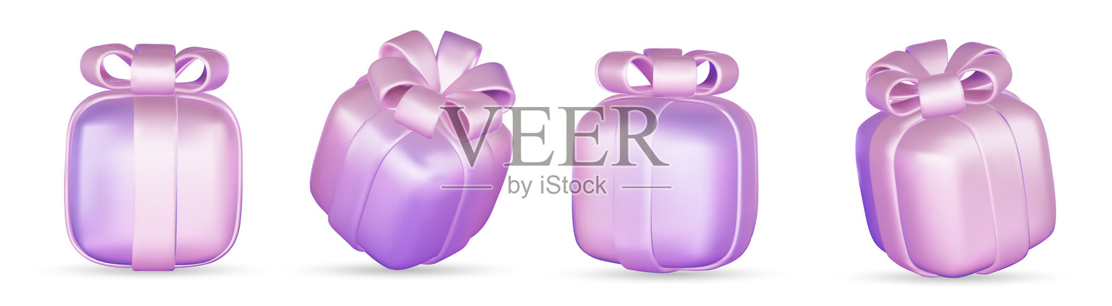 带有丝带蝴蝶结的3D礼品盒套装,孤立在白色背景上。3D渲染的现代节日封闭惊喜盒子。插画图片素材