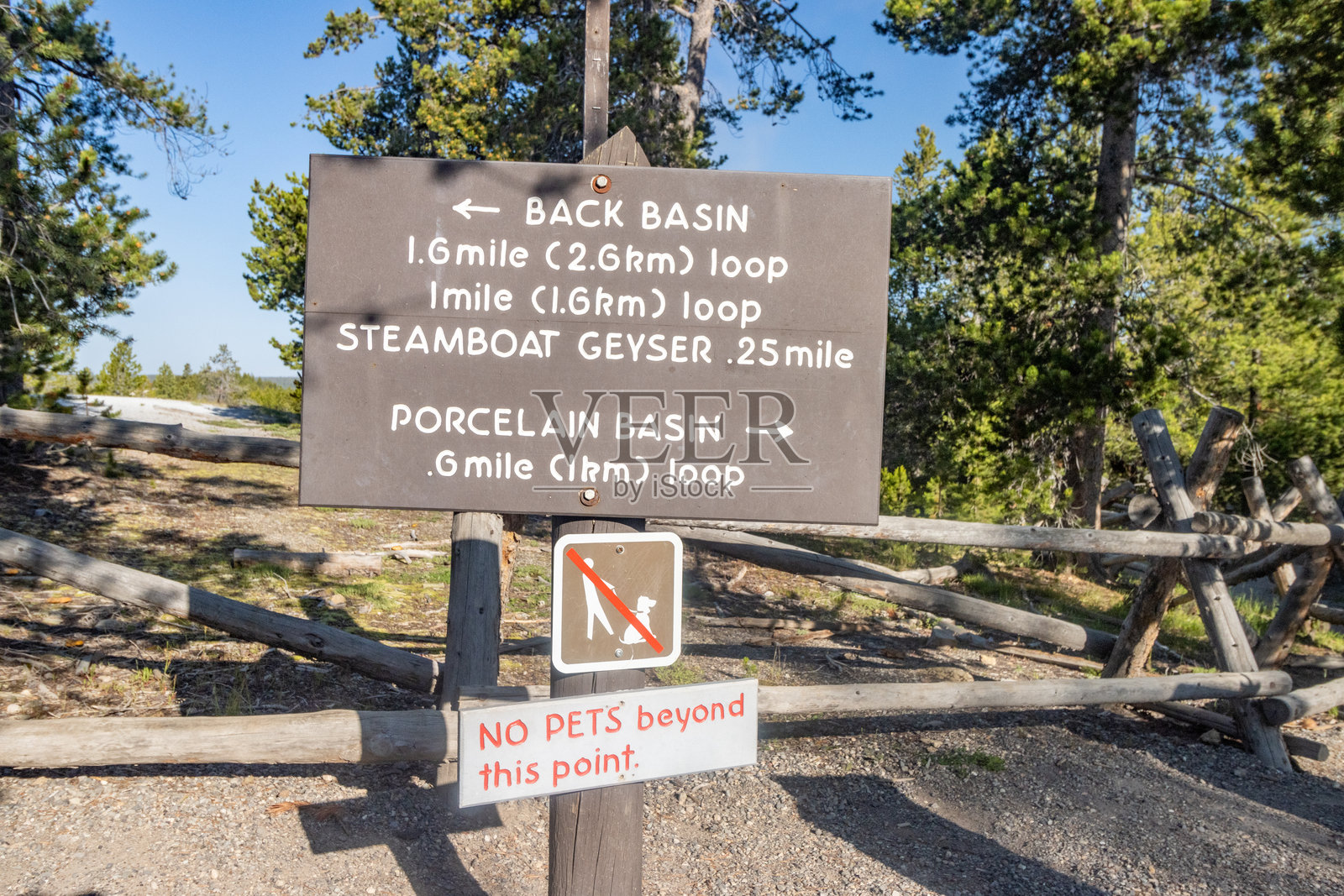 黄石国家公园诺里斯间歇泉盆地的瓷器盆地指示牌照片摄影图片