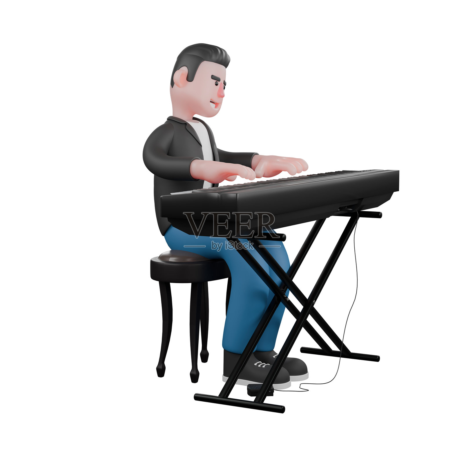 插图3D音乐角色。一位音乐家坐在椅子上,双手演奏风琴。娱乐设计。照片摄影图片
