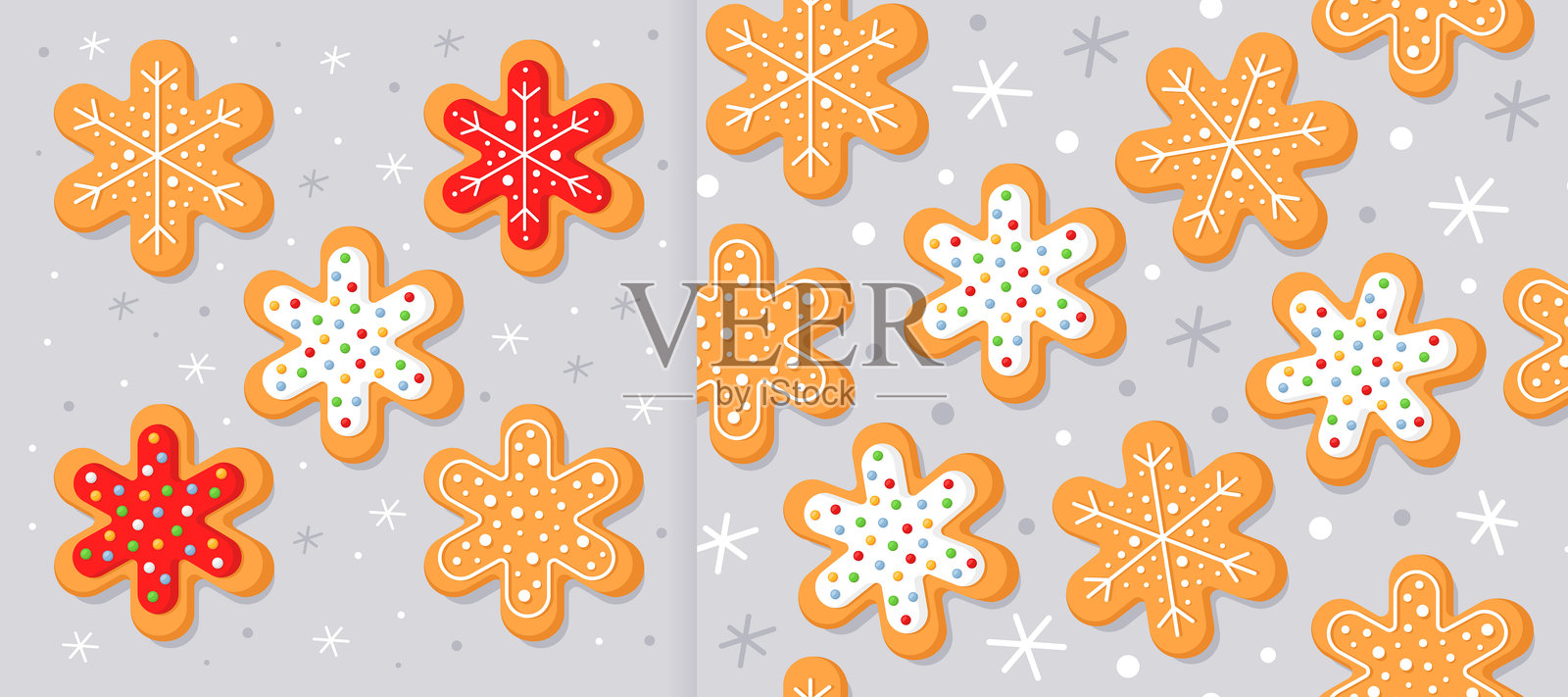 新年姜饼饼干,形状如雪花,背景为灰色。圣诞节无缝图案。插画图片素材
