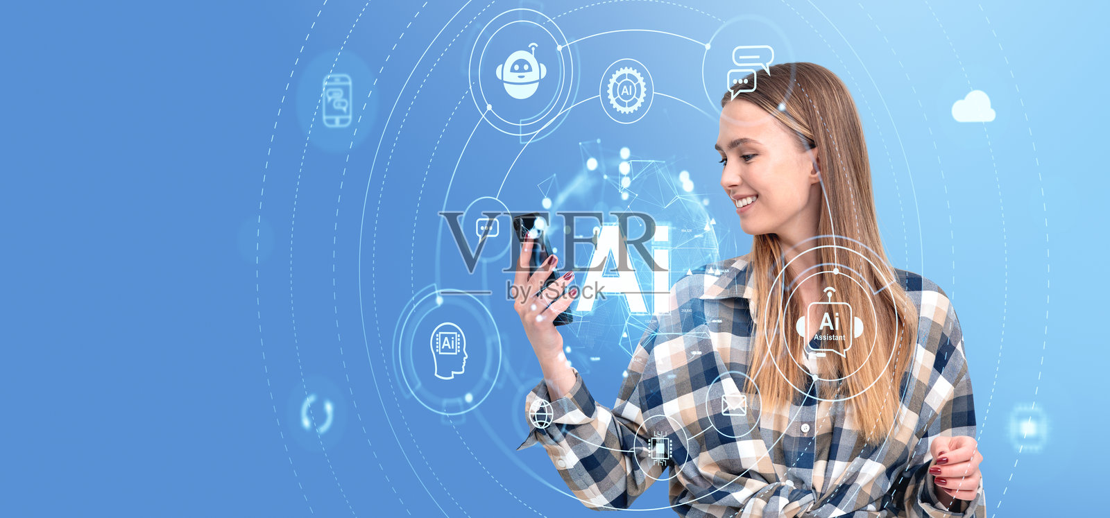 女性在蓝色背景下使用智能手机,界面显示人工智能技术。照片摄影图片