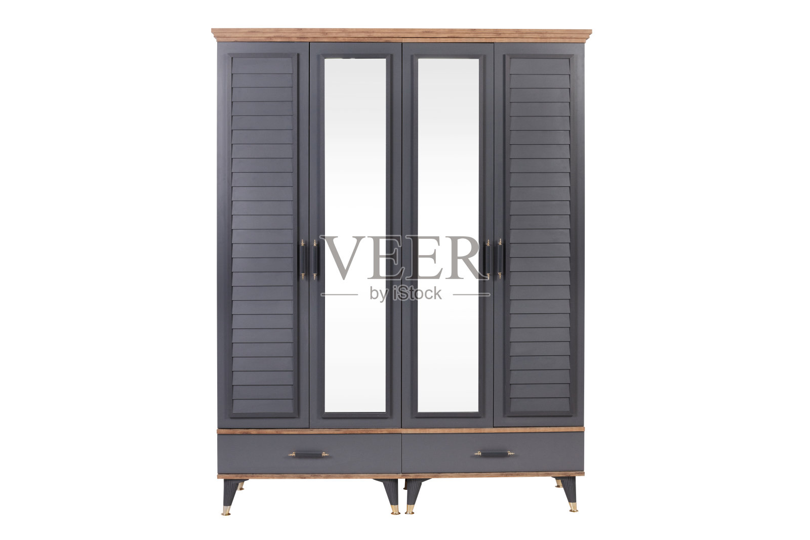 现代农舍风格衣柜,带镜面门和抽屉,独立式木质衣橱,适用于卧室照片摄影图片