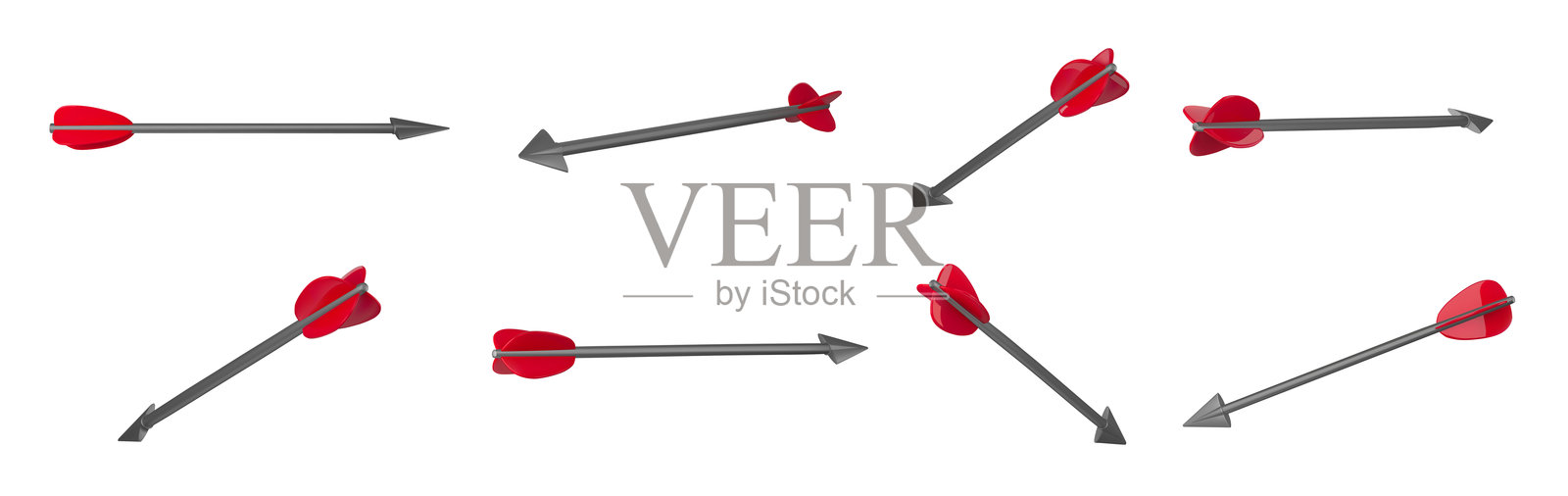 弓箭。带有红色羽毛的尖头箭,箭头武器指示器,多个3D角度的逼真孤立矢量插图合集插画图片素材