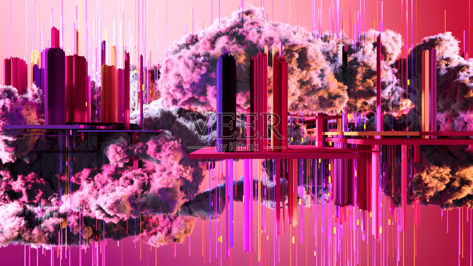 云雾缭绕的梦幻塔楼在地平线上屹立照片摄影图片