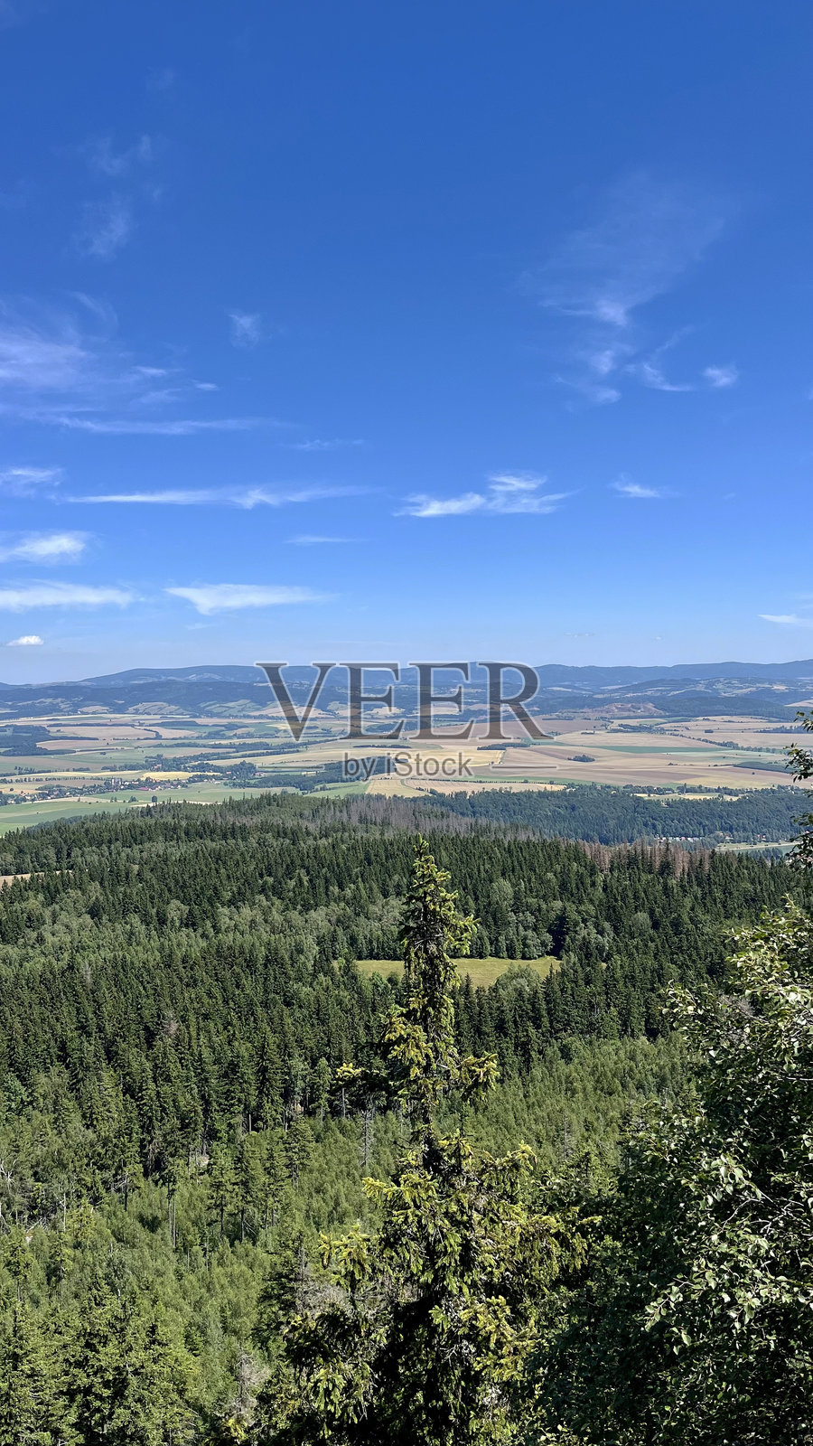 从山上俯瞰山谷,田野和草地的风景。波兰照片摄影图片