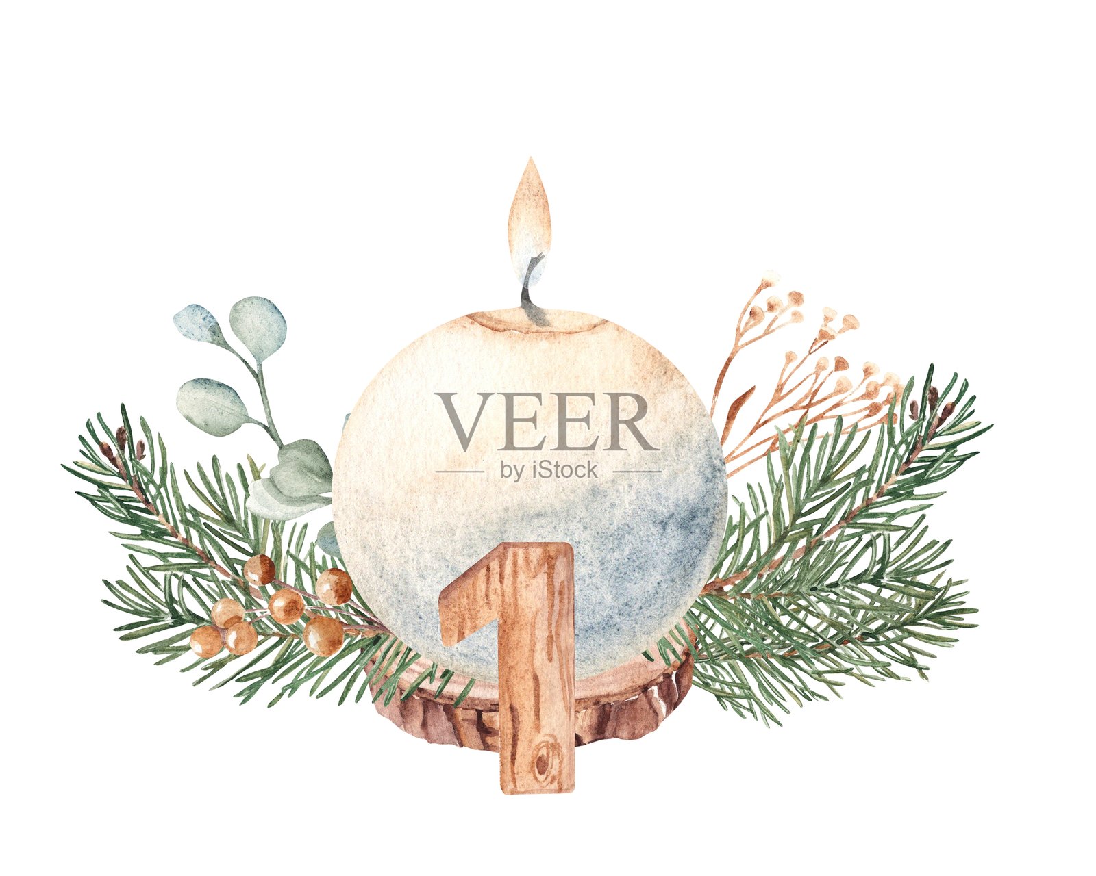 首个降临节,圣诞蜡烛与冬季植物的组合。冷杉枝、桉树、松果和木制数字一。手绘植物插图,独立于白色背景。适用于贺卡和印刷品。照片摄影图片