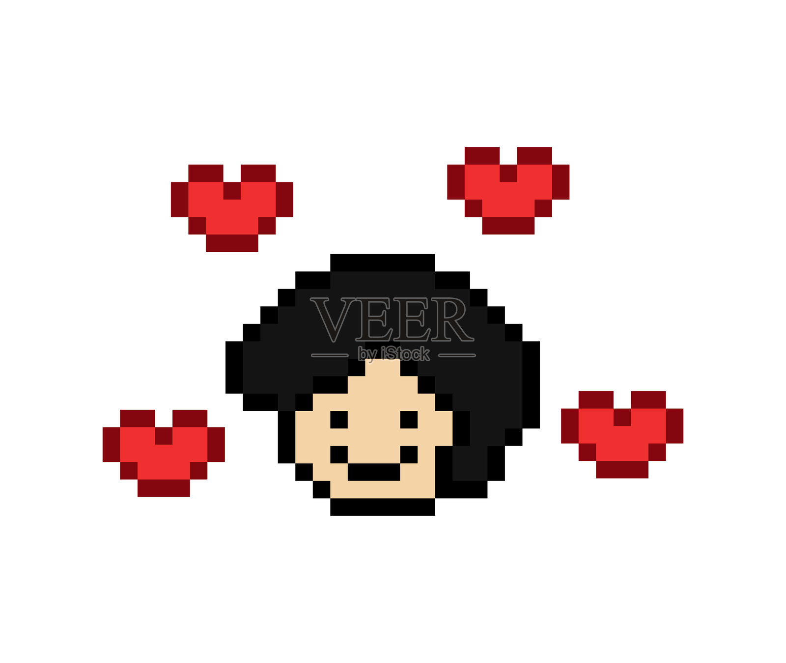 可爱的像素卡通8位角色男性感受爱与快乐,心形情感,生活方式装饰,8位男孩快乐心情,游戏孤立矢量图。插画图片素材