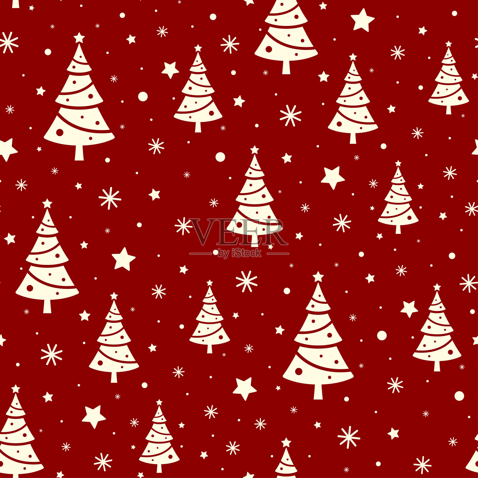 小白色圣诞树、雪花和星星在深红色背景上独立。可爱的单色无缝图案。矢量简单平面图形插图。纹理。插画图片素材