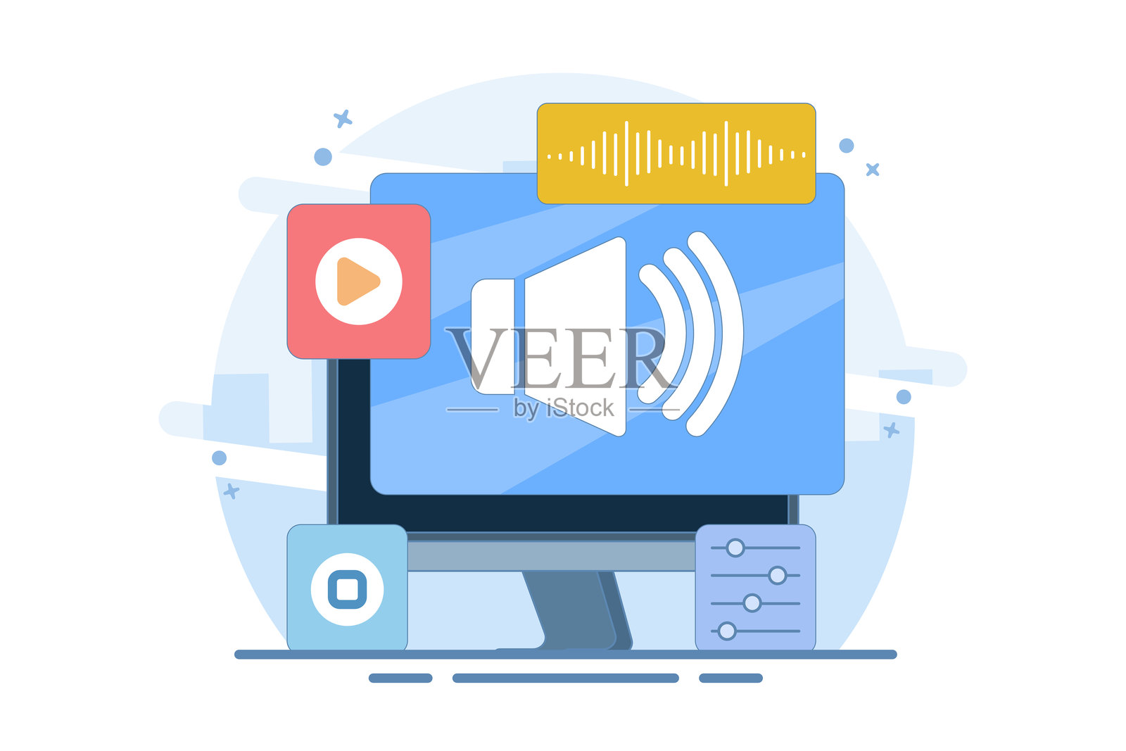 听音频和多媒体内容的概念,图标描绘扬声器以表示听音频的功能,以及屏幕或电影代表多媒体内容。数字内容的类型。插画图片素材