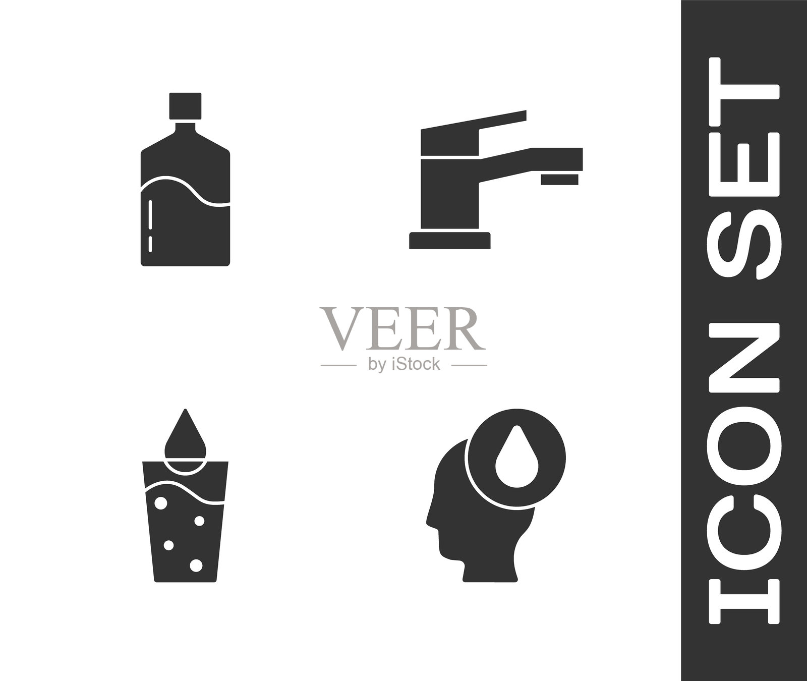 水滴、装有清水的大瓶子、玻璃杯和水龙头图标。矢量图。插画图片素材