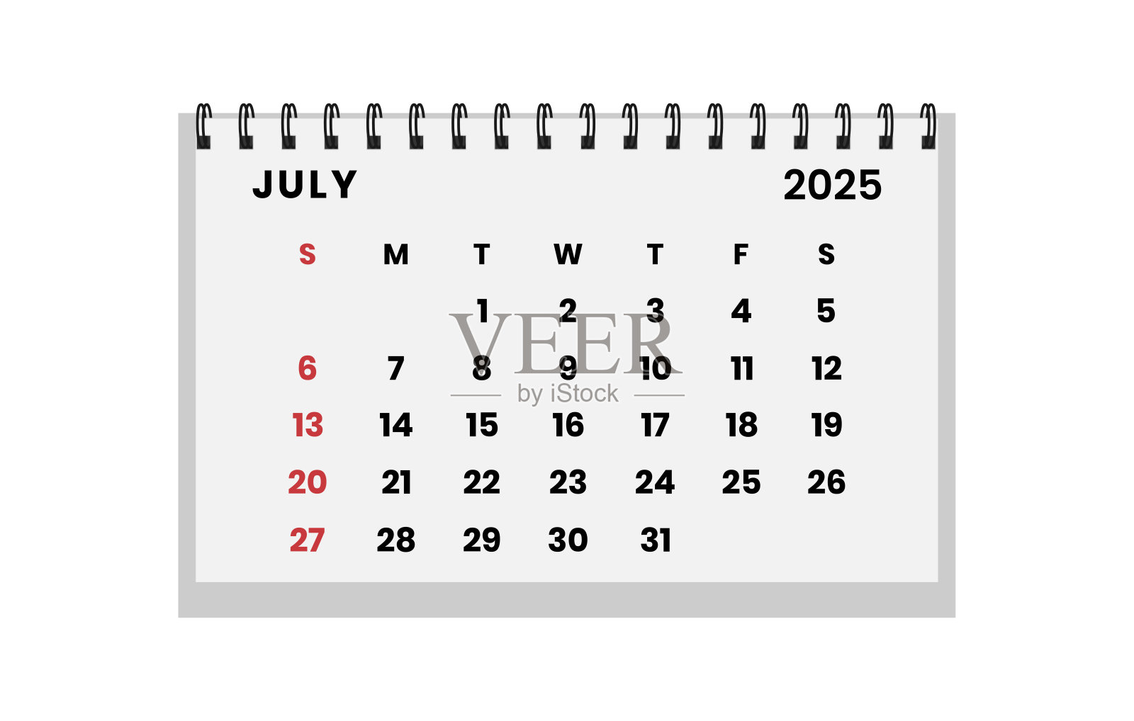 2025年7月的矢量横向折叠桌面日历。日历周从星期天开始。7月布局组织者。可打印的日历模板。插画图片素材