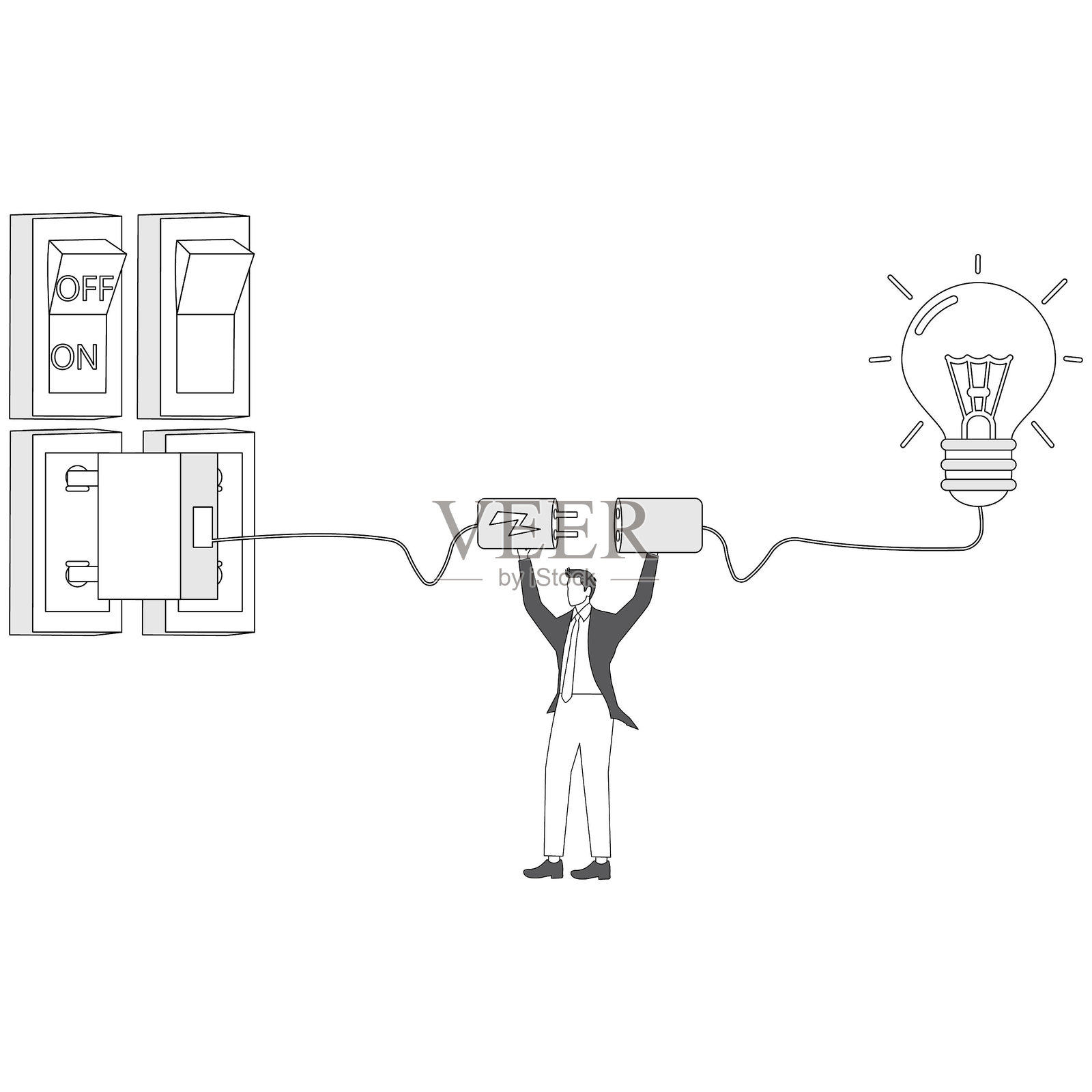 商人手持带有断裂电线的电插头插画图片素材