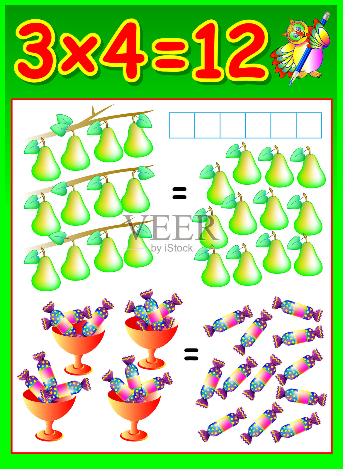 学习乘法表。儿童教育页面。儿童活动表。三的乘法。培养计数和乘法技能。矢量图像。插画图片素材