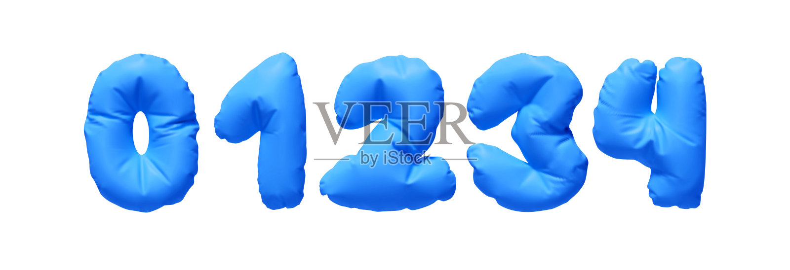 一组从0到4的充气气球数字,孤立在白色背景上。逼真的3D设计。由皱褶的蓝色乳胶材料制成的数字。矢量插图。插画图片素材