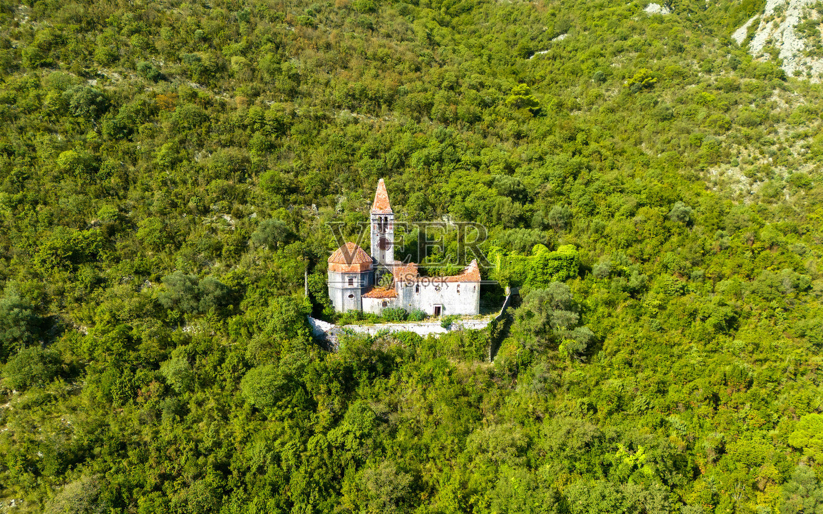 隐秘的古老修道院隐藏在茂密的绿色森林景观中照片摄影图片