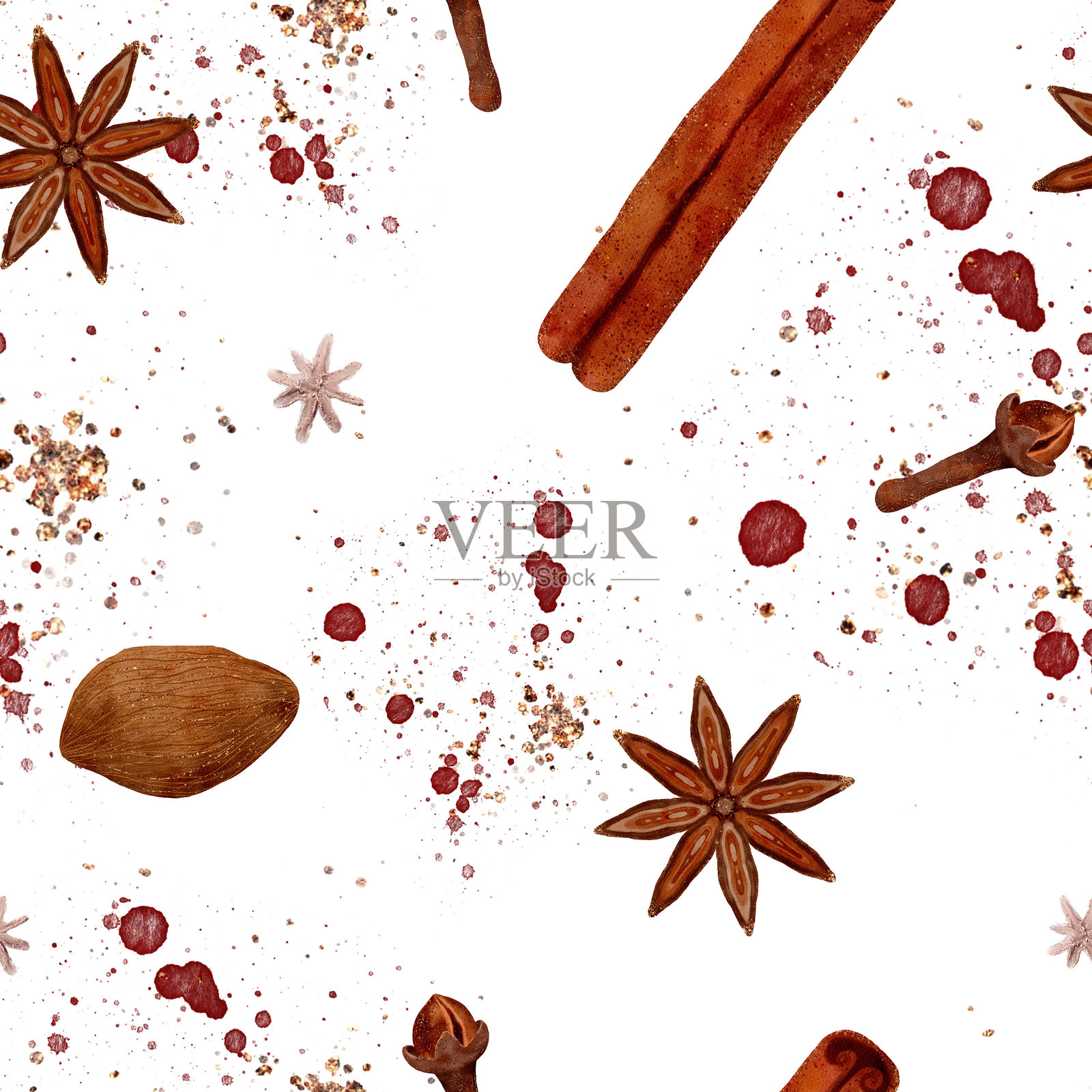 这幅艺术作品展示了在白色背景上各种香料和草药的迷人图案。照片摄影图片