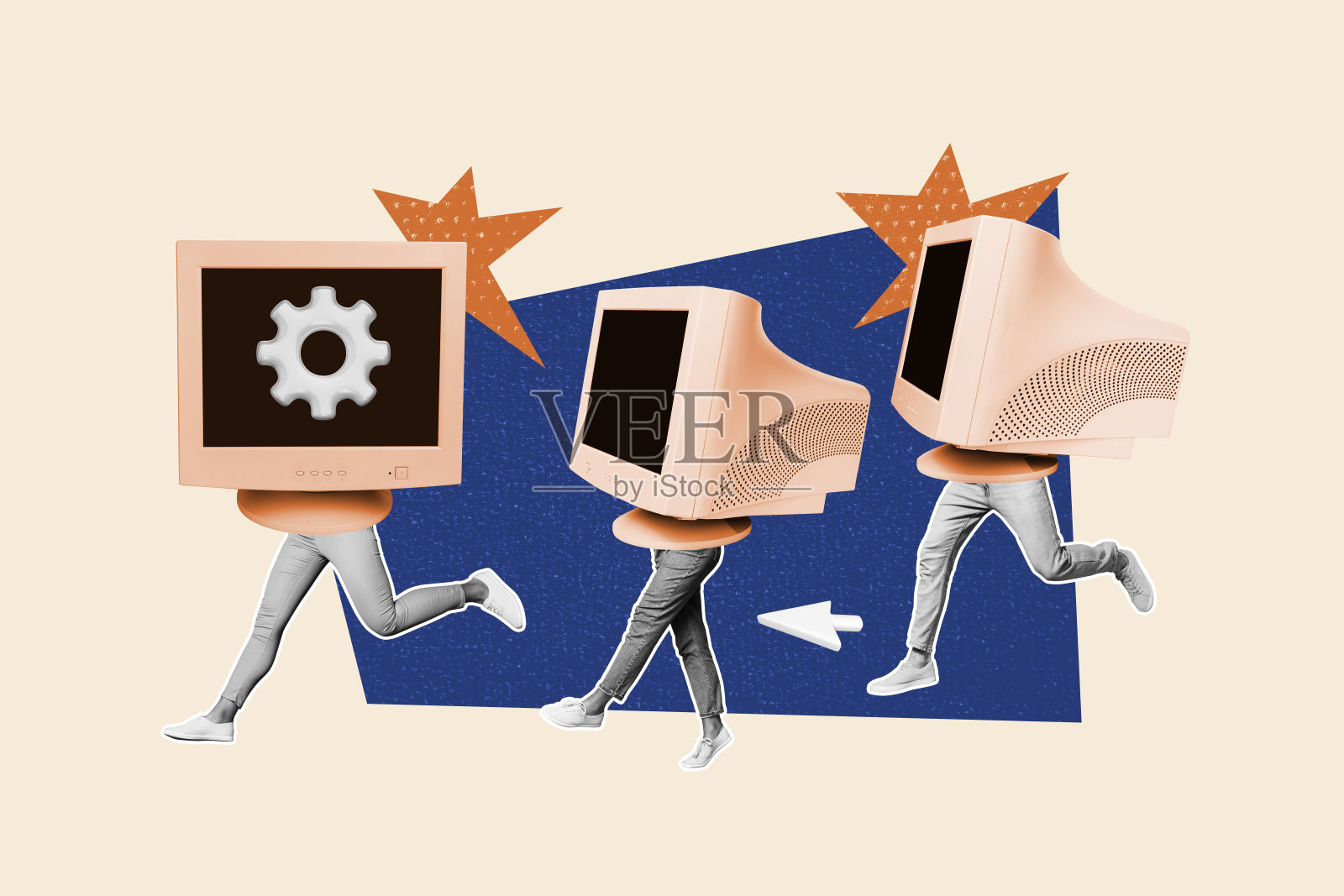 合成照片拼贴,匿名人物在涂鸦背景上奔跑,身体与电脑显示器、齿轮、优化屏幕成瘾相结合。照片摄影图片