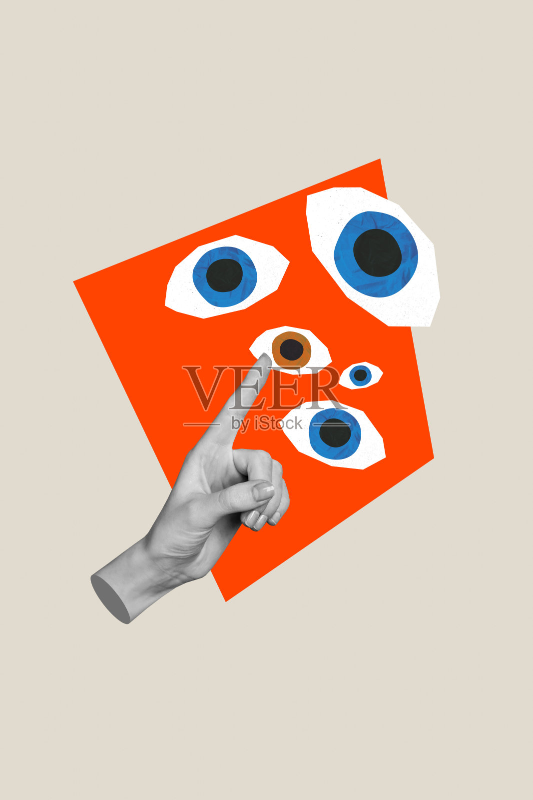 垂直创意艺术拼贴,展示人手指向眼球的图片,艺术画廊万圣节装饰,独立于绘画背景。照片摄影图片