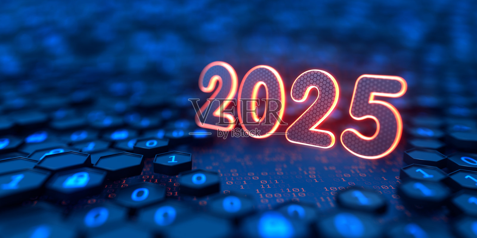 2025年数字技术之年。新年快乐。发光的黄色文字和二进制代码背景。照片摄影图片