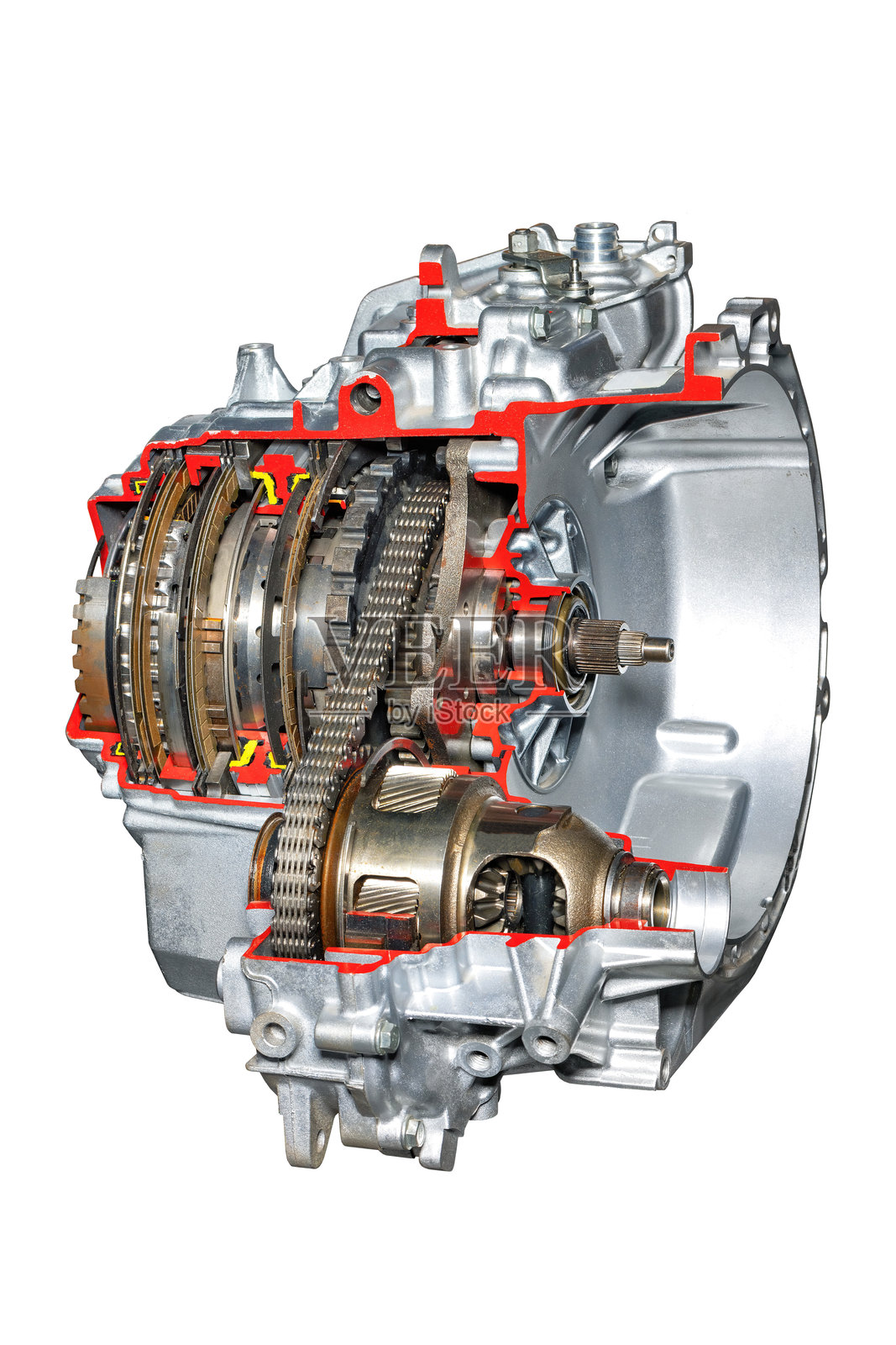 现代自动汽车变速器在白色背景下展示齿轮和轴。照片摄影图片