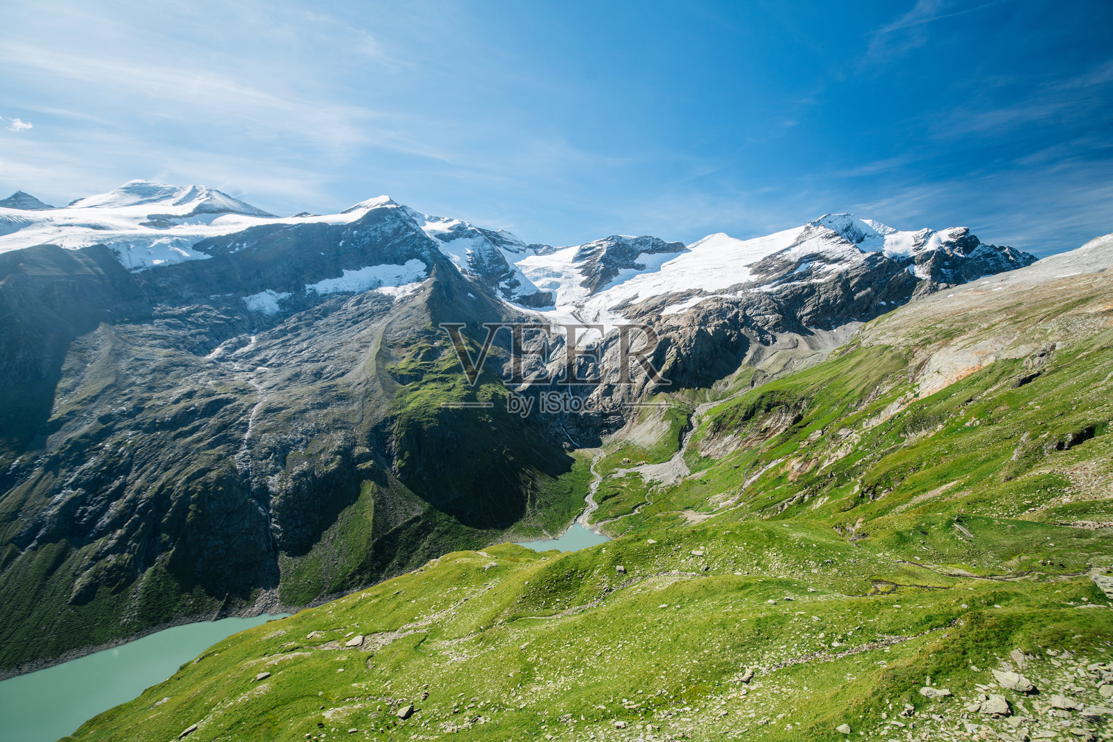 奥地利萨尔茨堡州霍赫陶恩国家公园的阿尔卑斯山风景,绿草如茵的牧场、湖泊和白雪皑皑的山顶。照片摄影图片