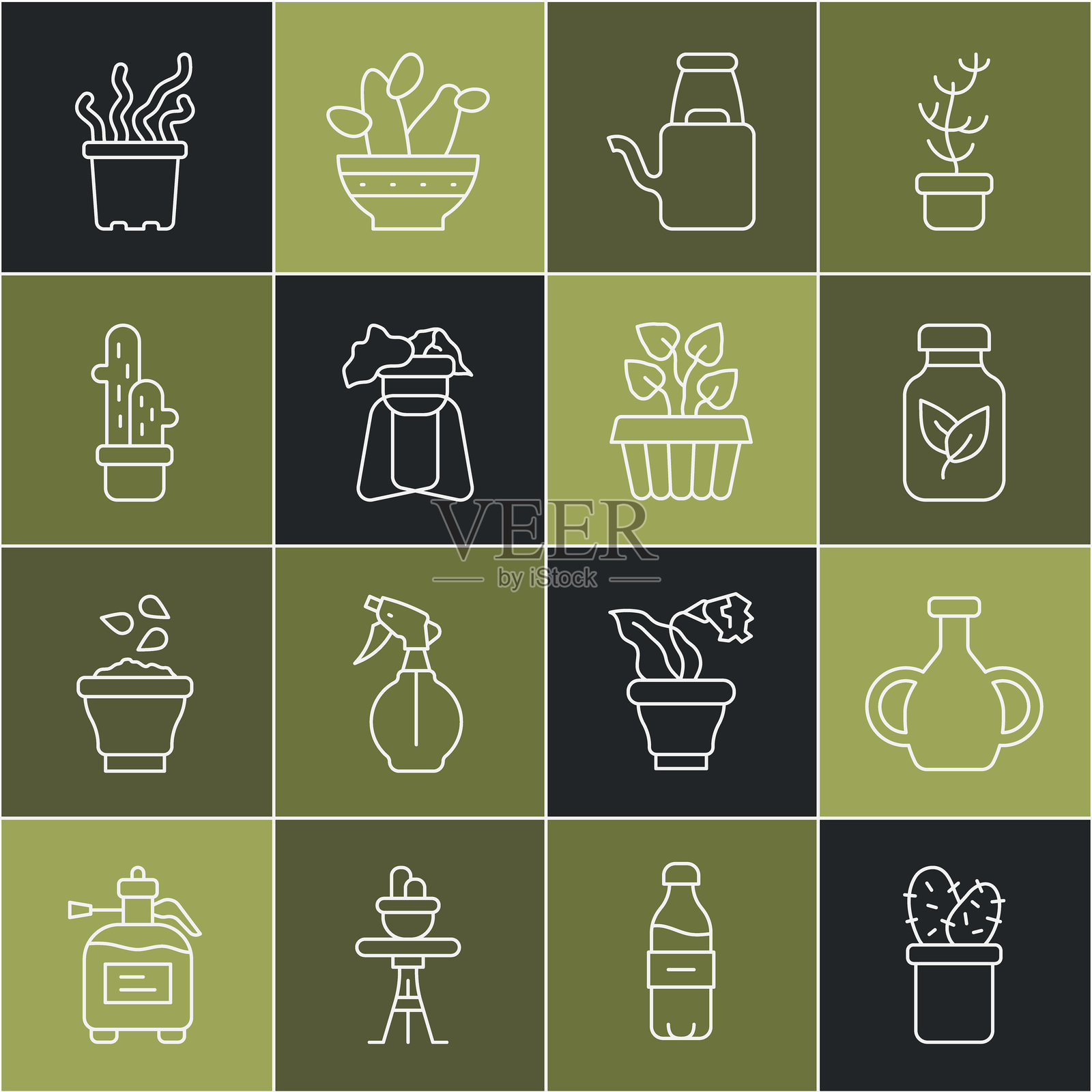 仙人掌佩约特放在花盆里,花瓶,肥料瓶,浇水壶,植物架上的异国热带植物和室内常春藤图标。矢量图。插画图片素材