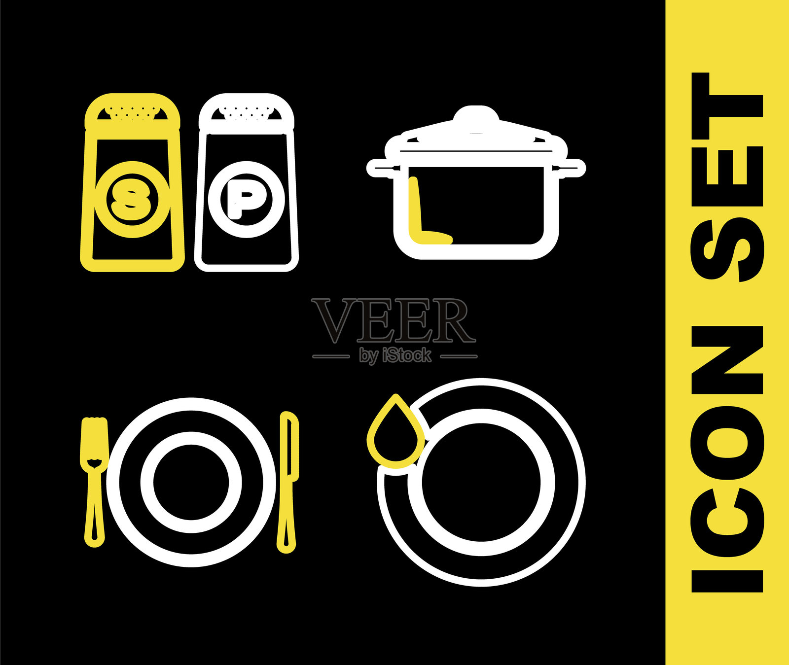 设置线条炊具、洗碗、盘子、叉子和刀以及盐和胡椒图标。矢量图。插画图片素材