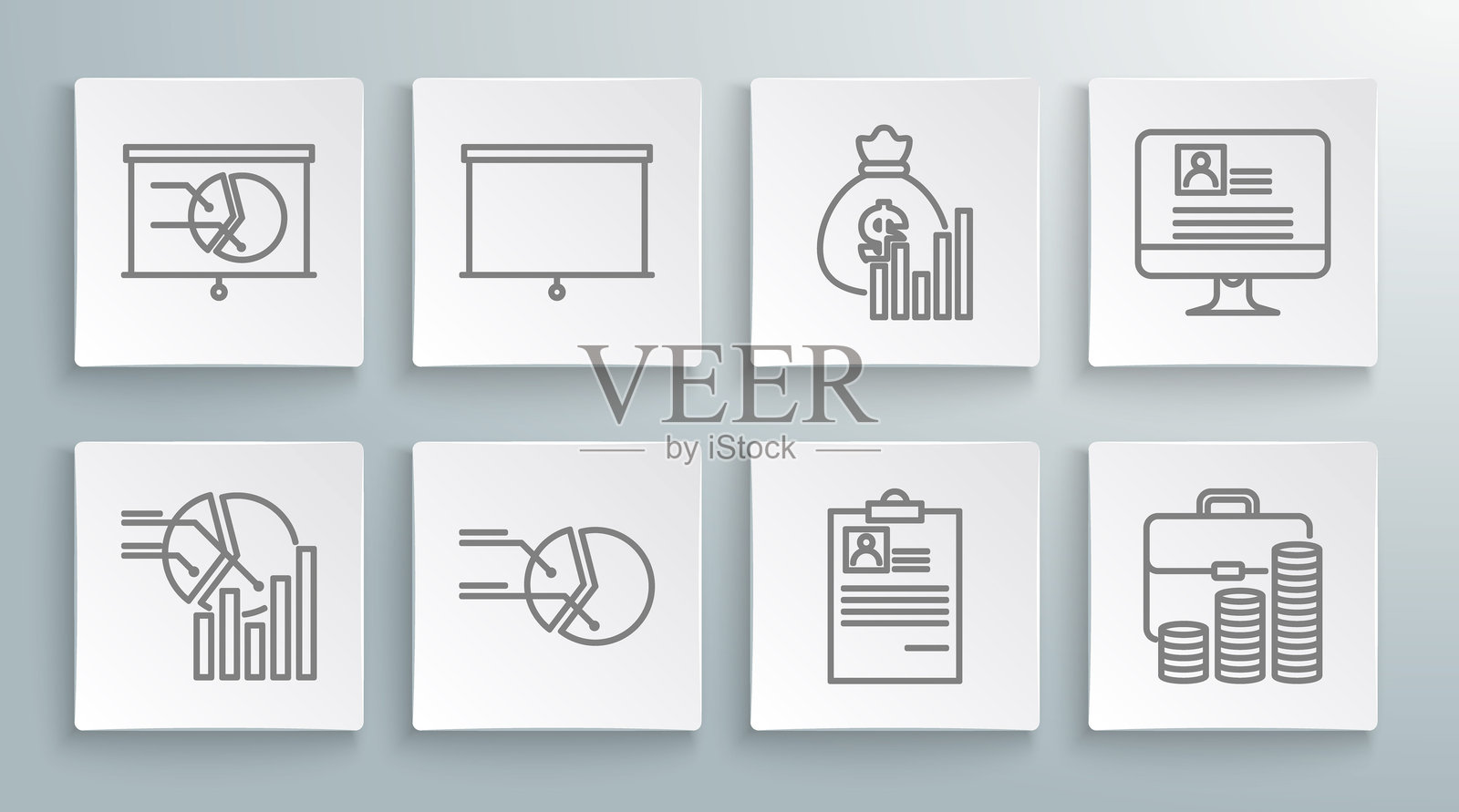 饼图信息图,黑板,带简历的夹板,公文包和硬币,钱袋图示,计算机显示器和图标。矢量图。插画图片素材