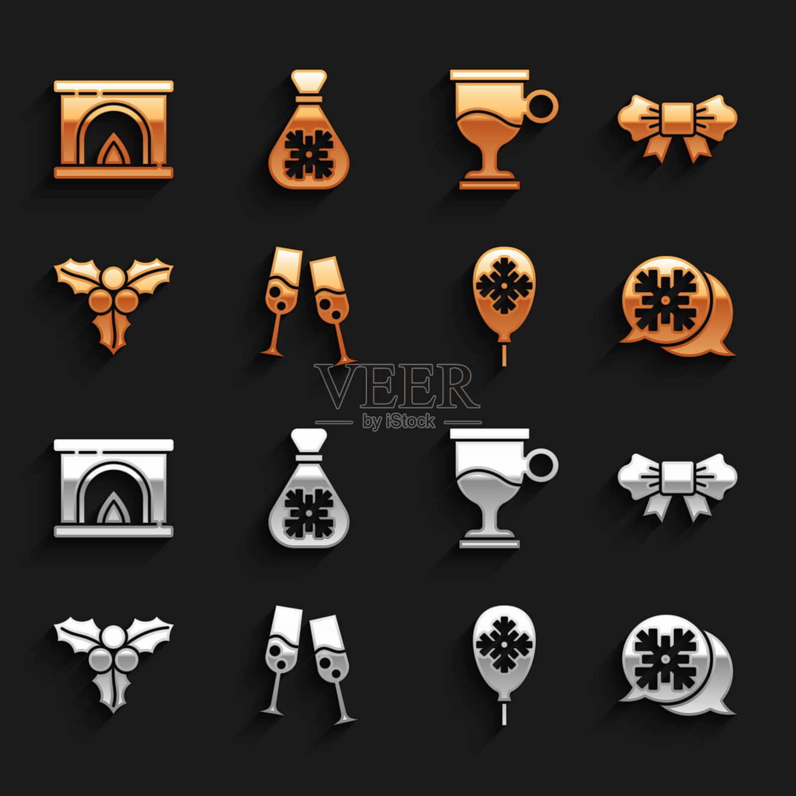 香槟酒杯、蝴蝶结、雪花对话气泡、带雪花的气球、洋槐枝、热红酒、室内壁炉和圣诞老人礼物袋图标。矢量图。插画图片素材