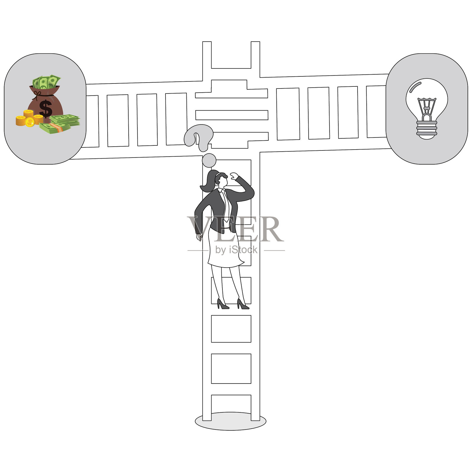 在女人爬上梯子后,她遇到了一个岔路口,必须面对一个选择。插画图片素材