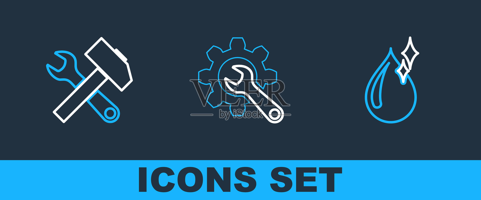 清洁水滴图标,交叉锤子和扳手,扳手齿轮图标。矢量图。插画图片素材