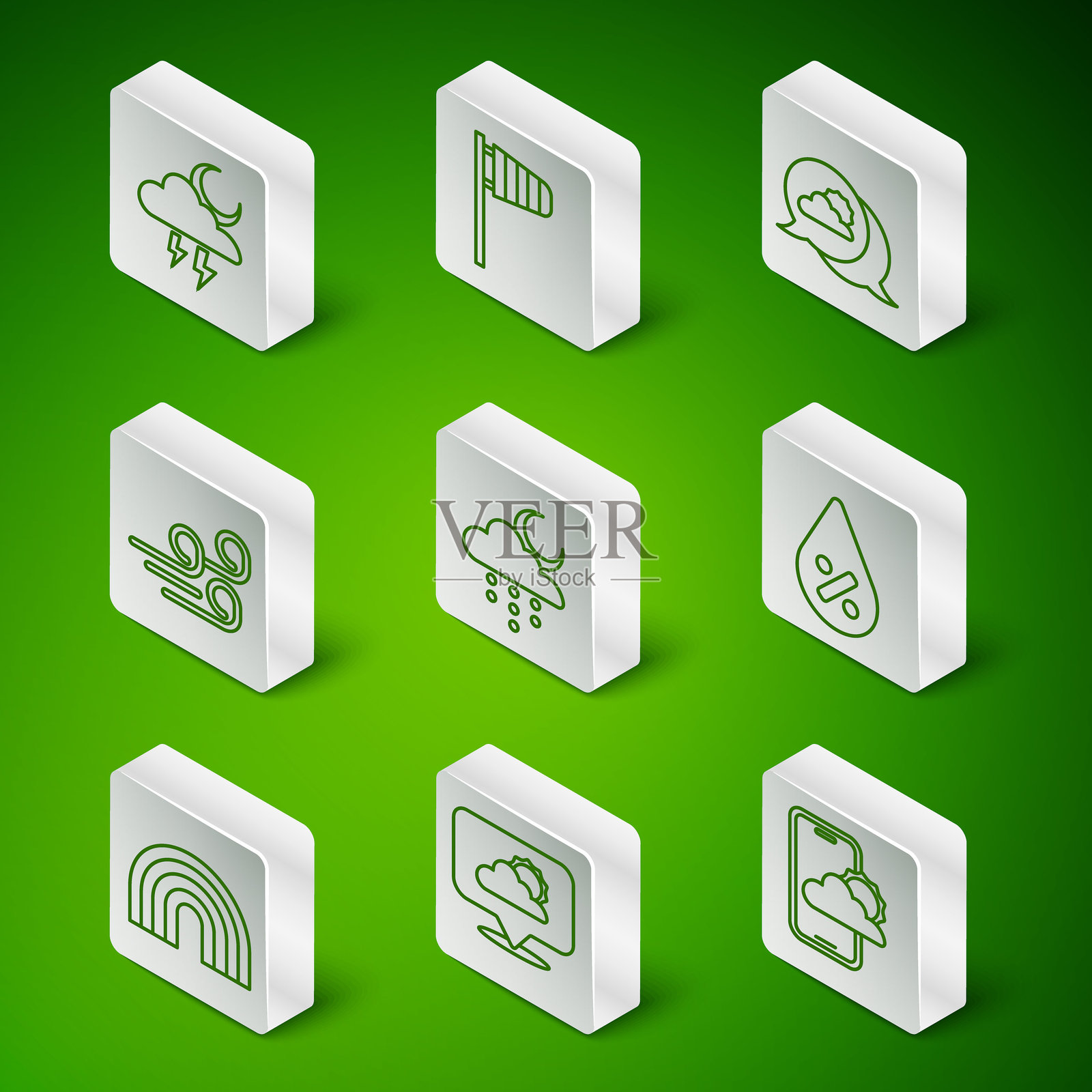 天气预报图标,包含云、暴风雨、带雨的云和月亮、刮风天气、锥形风筒风向标、彩虹和水滴百分比图标。矢量图。插画图片素材