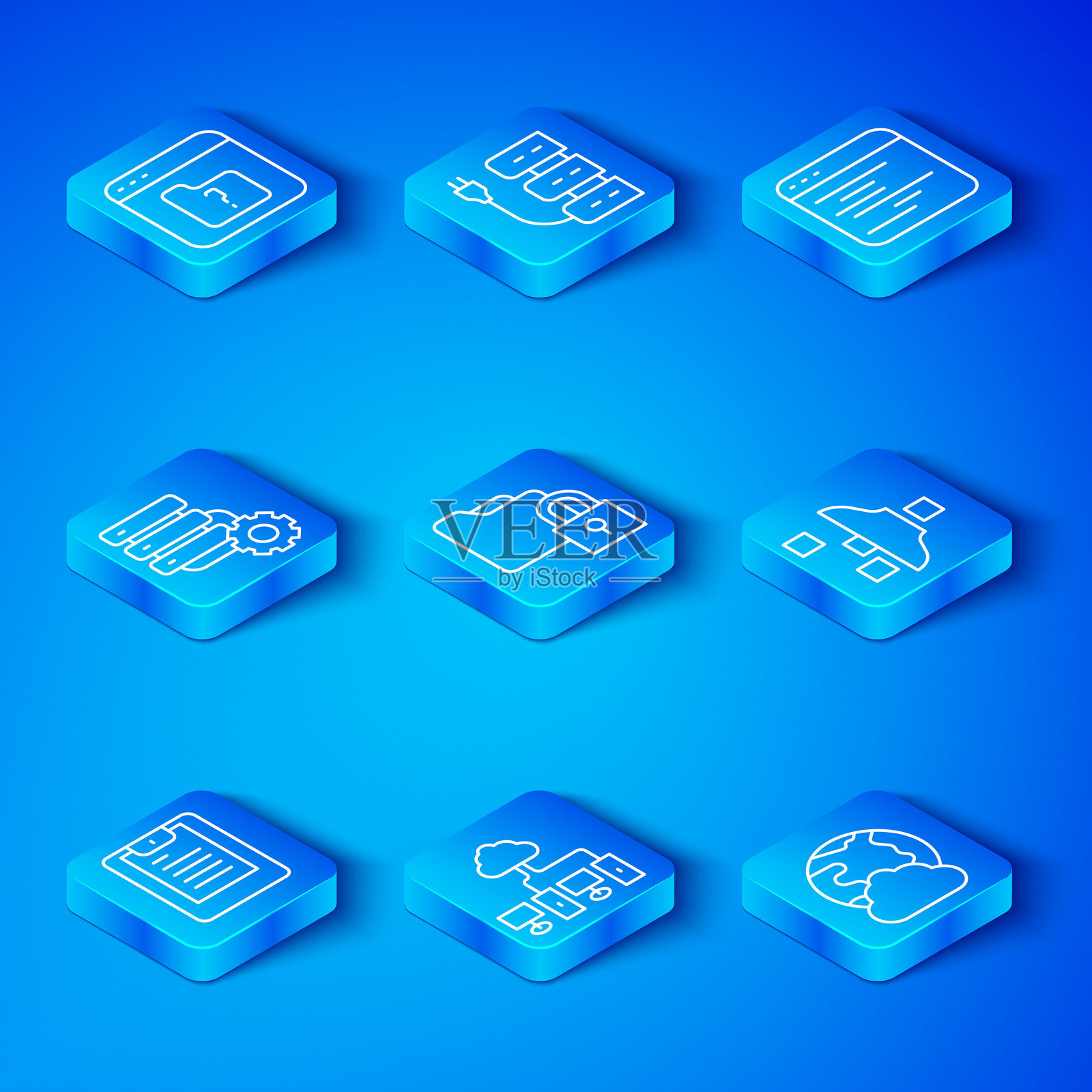 服务器设置,数据报告,文件夹和锁,计算机网络,过滤器设置,软件,齿轮,文件丢失和社交图标。矢量图插画图片素材