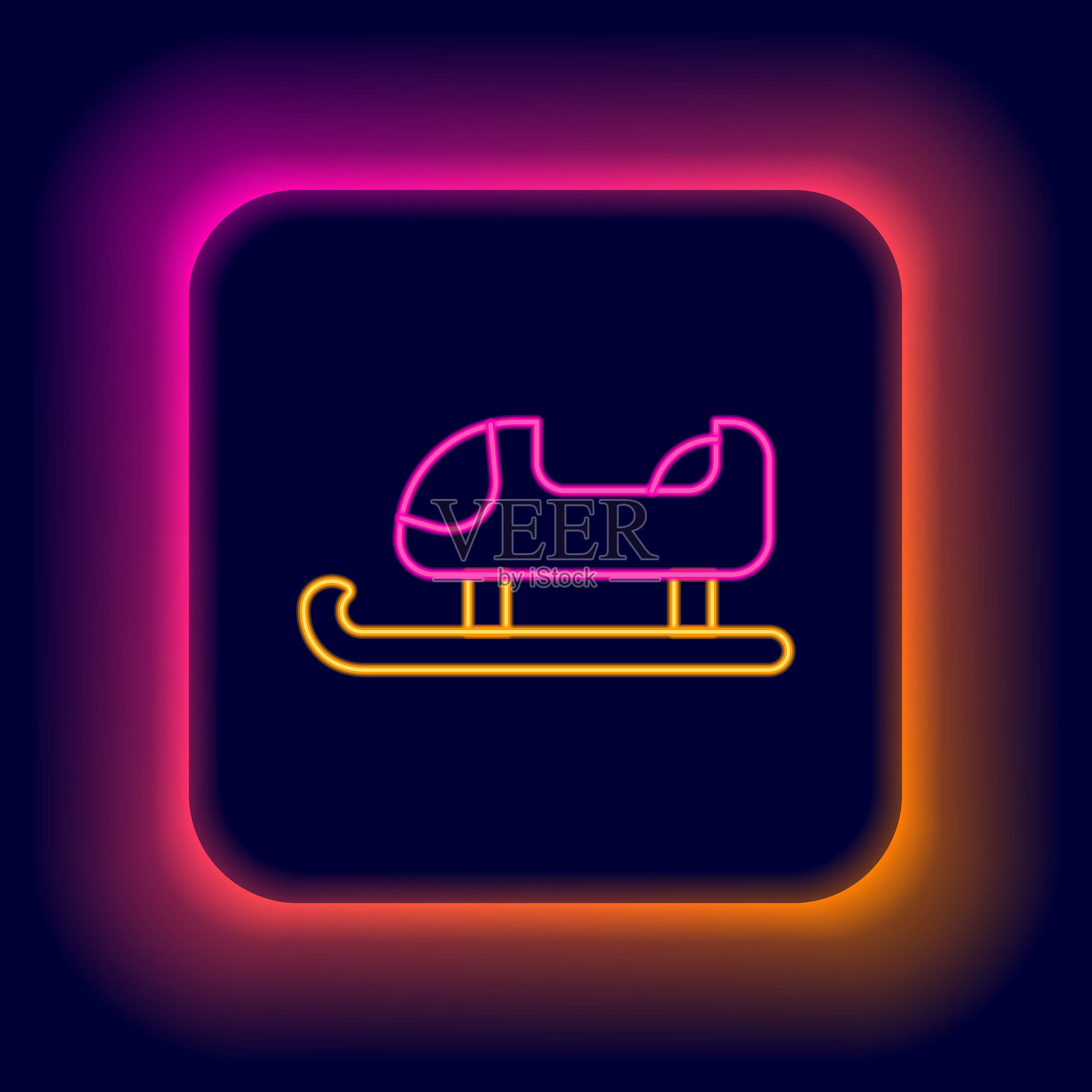 发光的霓虹滑雪橇图标,背景为黑色。冬季交通工具。彩色轮廓概念。矢量图。插画图片素材