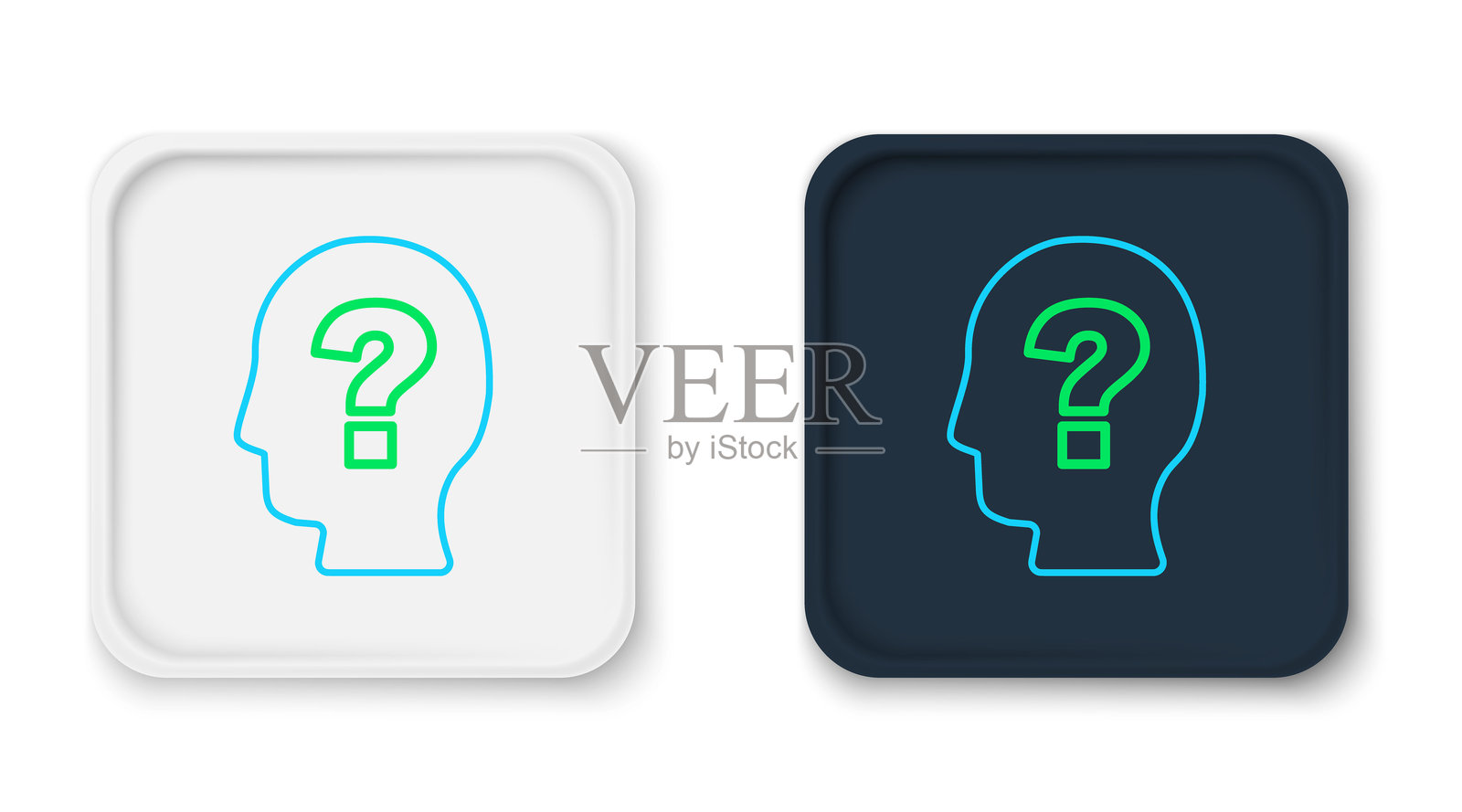 带问号图标的人头线条,孤立在白色背景上。彩色轮廓概念。矢量图。插画图片素材