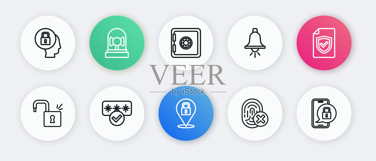 设置线锁、带盾牌的合同、打开的挂锁、取消的指纹、响铃的警报、保险箱、关闭的手机和密码保护图标。矢量图。插画图片素材