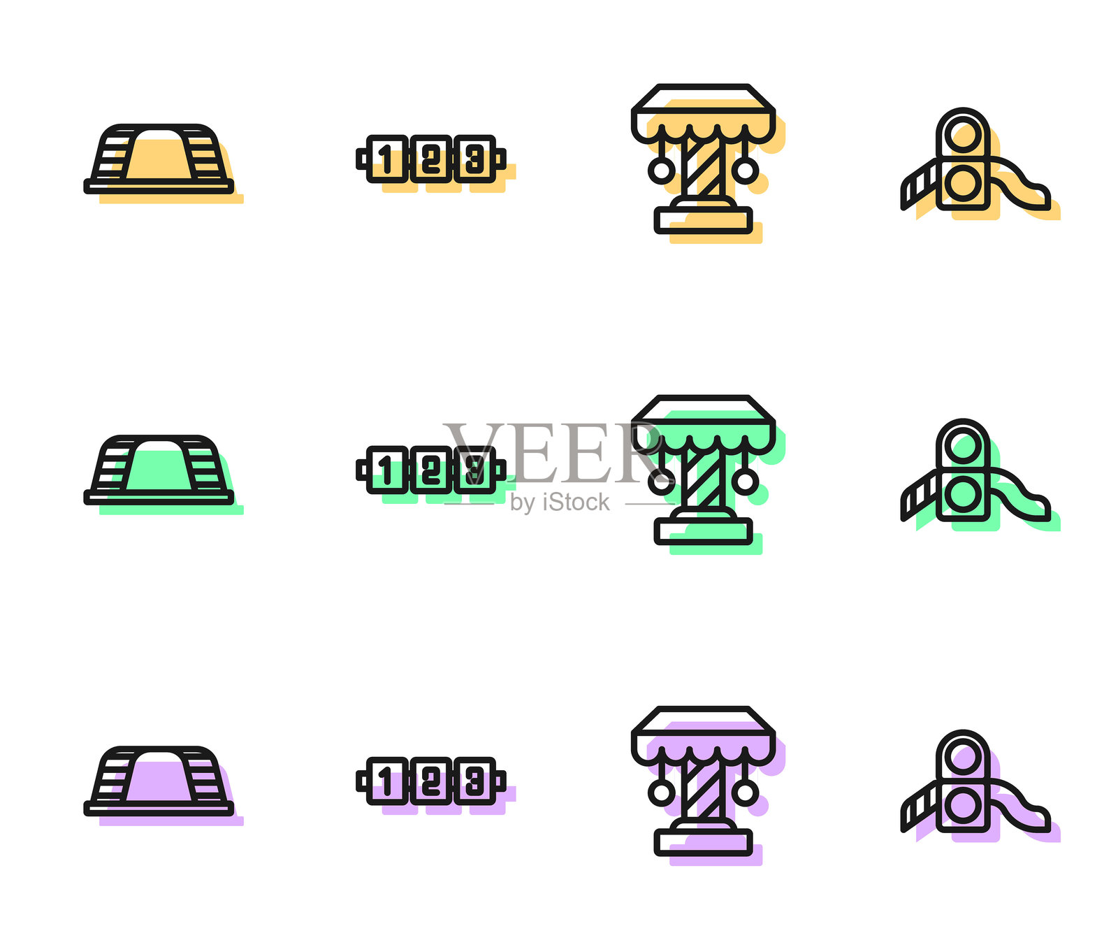 设置吸引力旋转木马、猴子秋千、教育逻辑游戏和滑梯游乐场图标。矢量图。插画图片素材