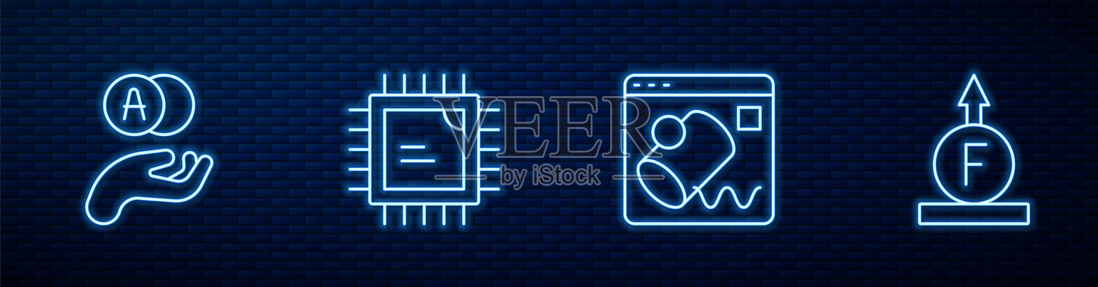 数据可视化、原子、处理器CPU和物理公式的线条图标。砖墙上的发光霓虹图标。矢量图。插画图片素材