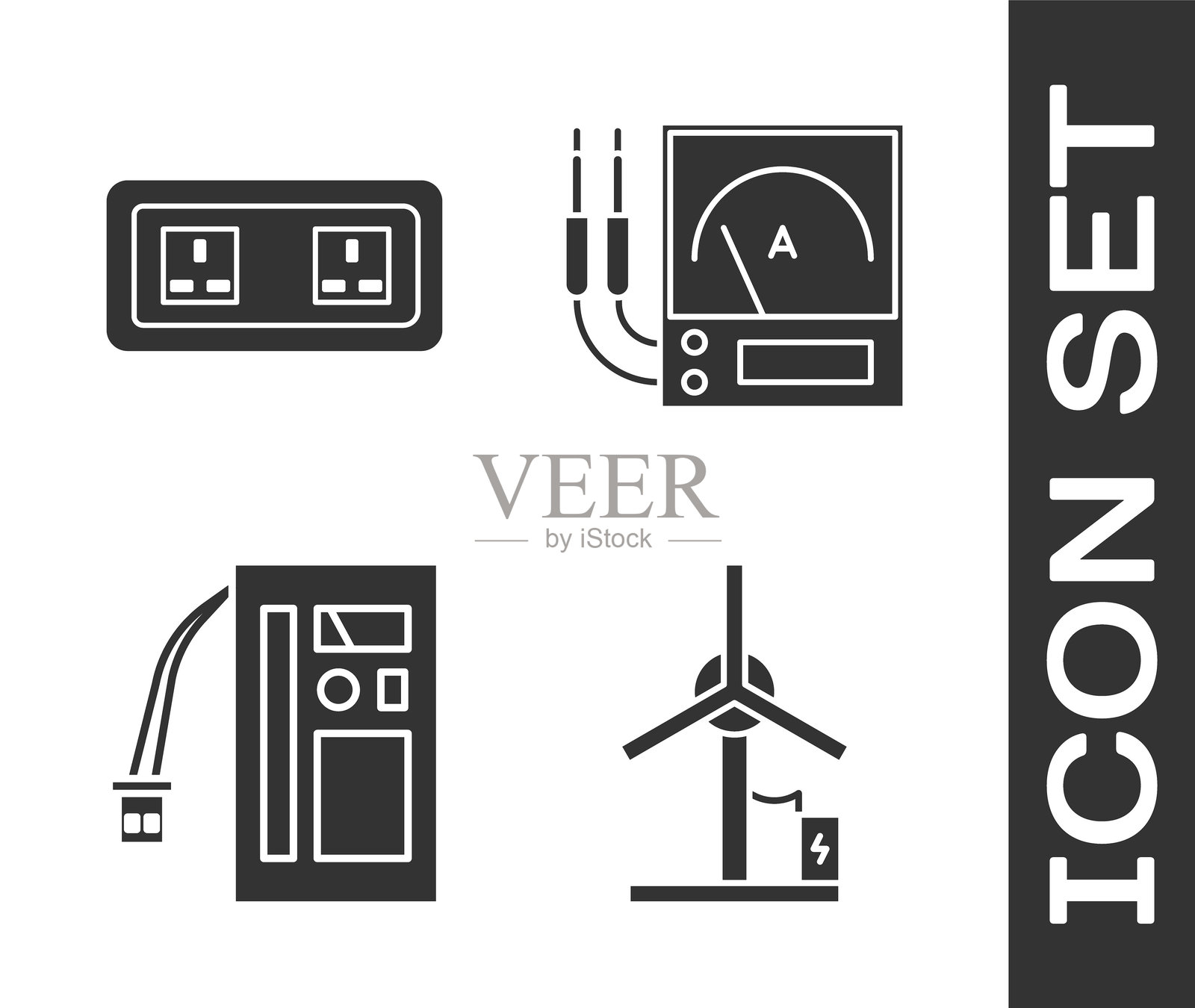 风力发电机、电源插座、电池、安培计、多用电表、伏特计图标。矢量图。插画图片素材