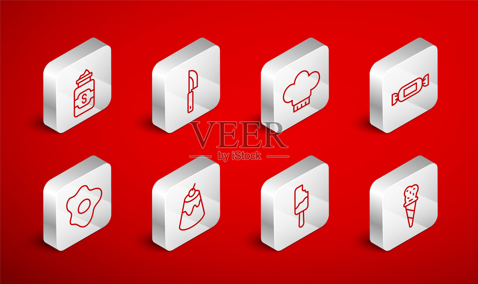 冰淇淋华夫筒、刀具、厨师帽、糖果、糖罐、布丁和炒鸡蛋图标。矢量图。插画图片素材