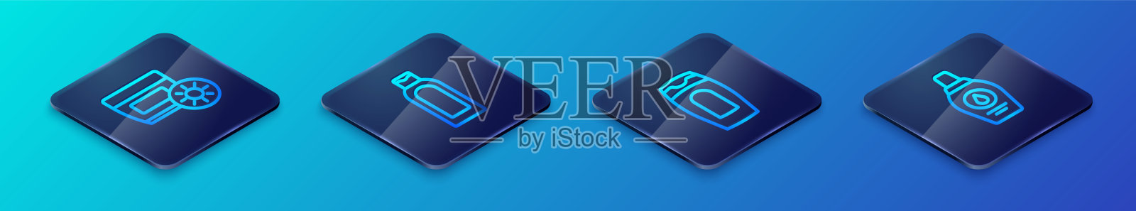 等距线条图:洗发水瓶、管装防晒霜和图标。矢量图。插画图片素材