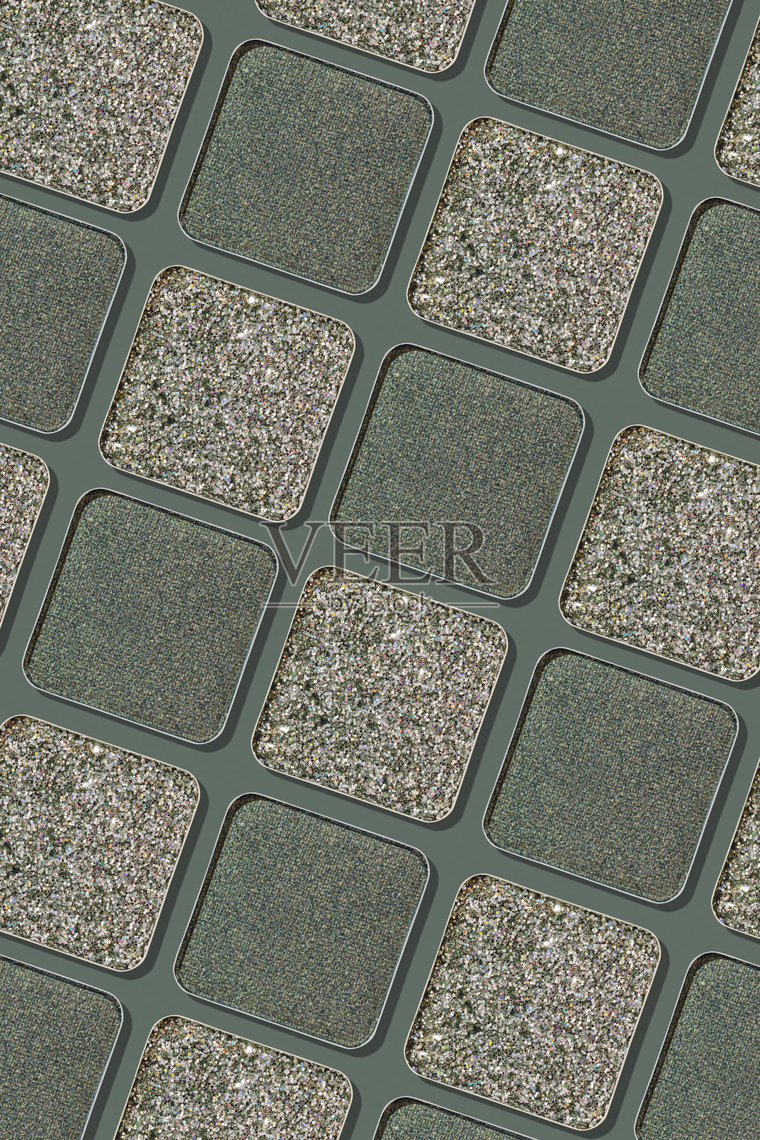 眼影补充装的色板,呈现简约单色图案。哑光和闪光的深绿色和灰色调,细致的纹理,自然光,时尚的化妆品背景,美妆产品,眼妆。照片摄影图片