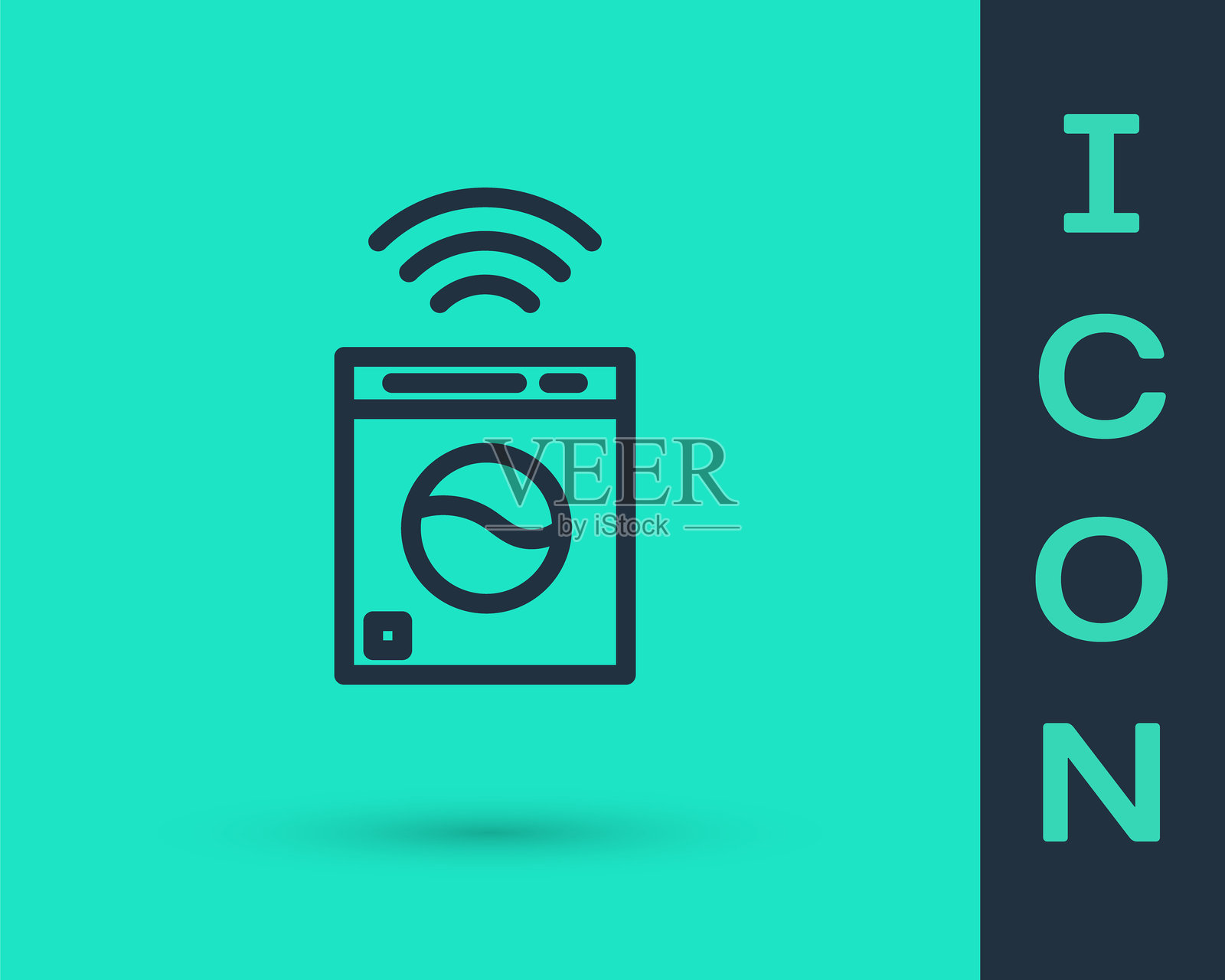 黑色线条智能洗衣机系统图标,背景为绿色。洗衣机图标。物联网概念,带无线连接。矢量图。插画图片素材