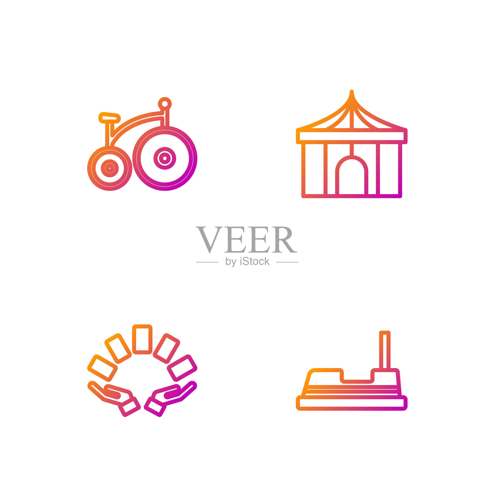 碰碰车,手握扑克牌,复古自行车和马戏团帐篷。渐变色图标。矢量。插画图片素材