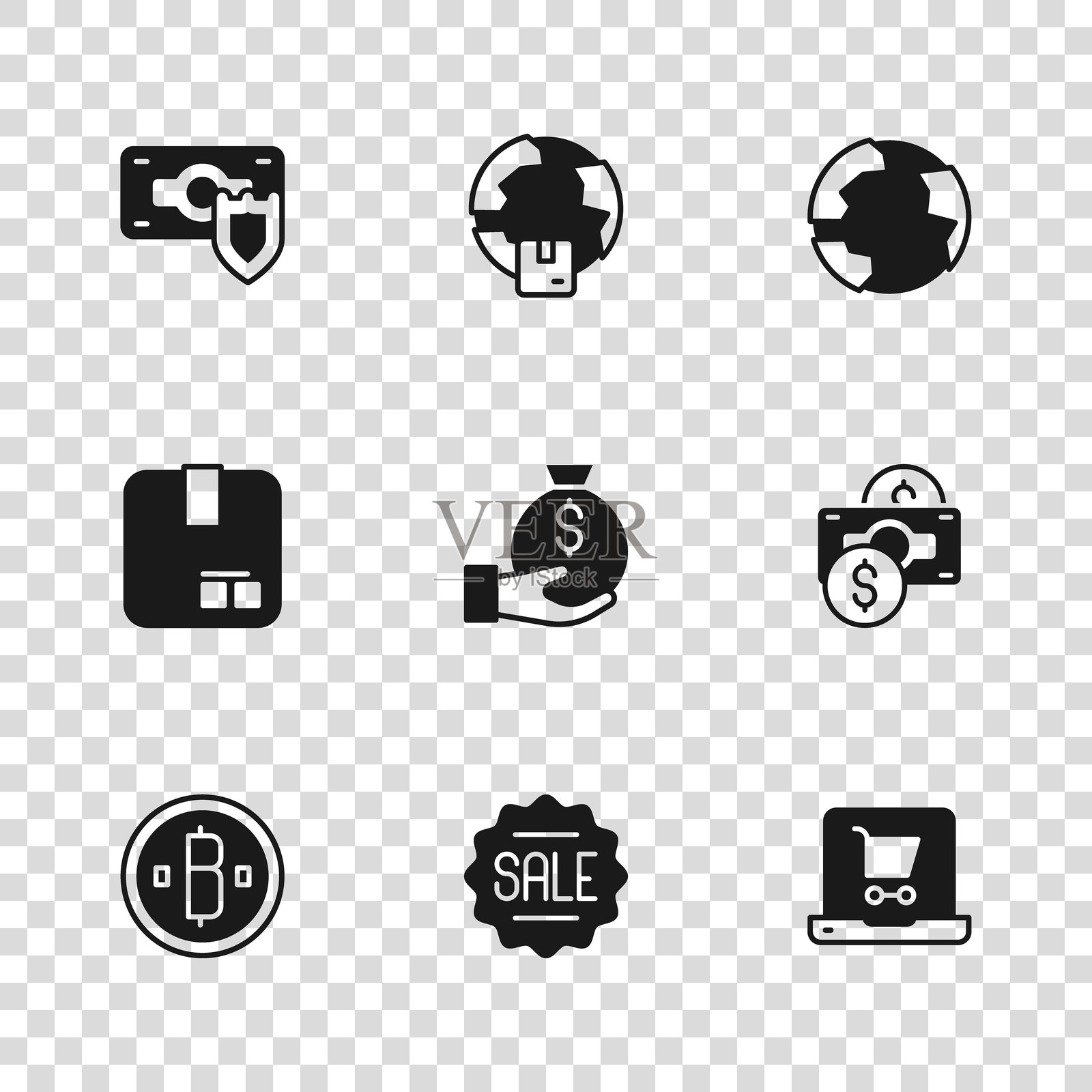 设置带有折扣的价格标签,叠放的纸币,购物车屏幕笔记本电脑,钱袋,全球,盾牌,运输和纸箱图标。矢量图。插画图片素材