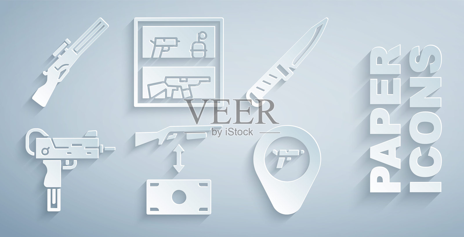 购买突击步枪、军用刀、乌兹冲锋枪、武器位置、狩猎商店和图标。矢量图。插画图片素材