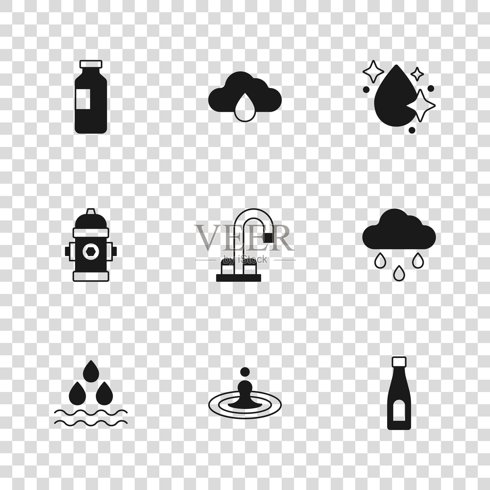 水滴、带雨的云、水瓶、水龙头和消防栓图标。矢量图。插画图片素材