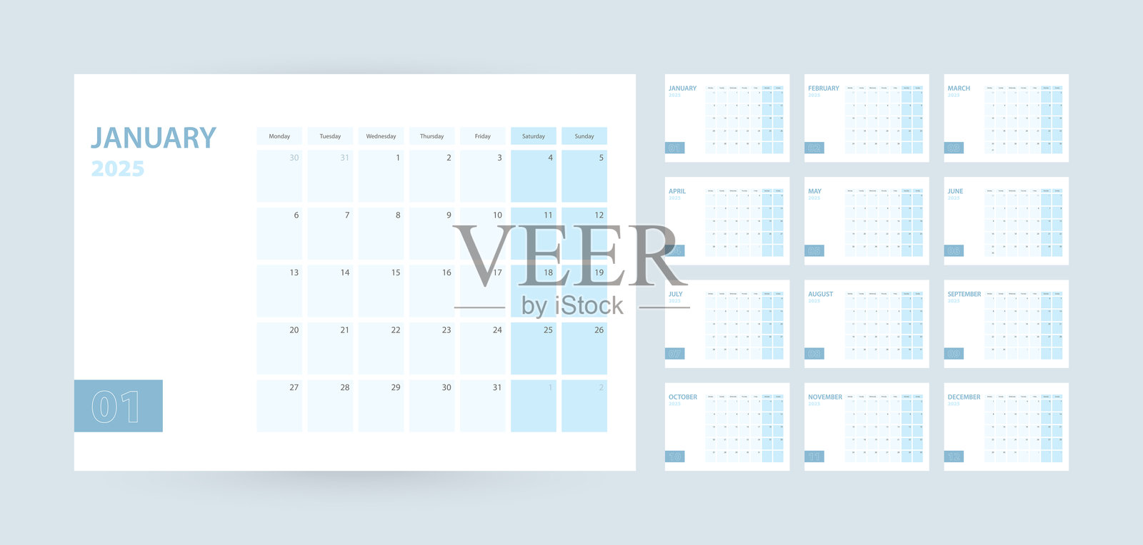 2025年每月日历模板,周一开始,蓝色配色方案。插画图片素材